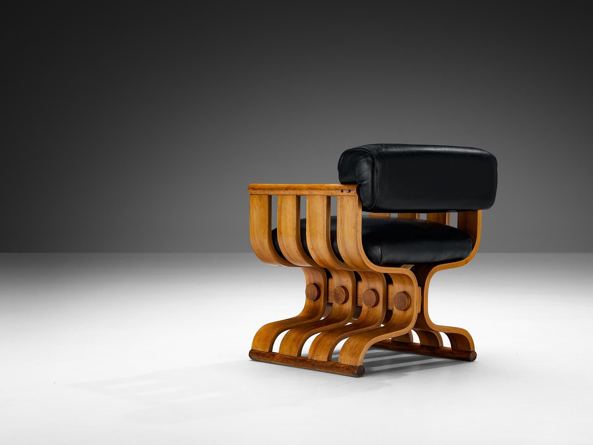 Sculptural Armchair with Organic Curves in Walnut & Black Leather