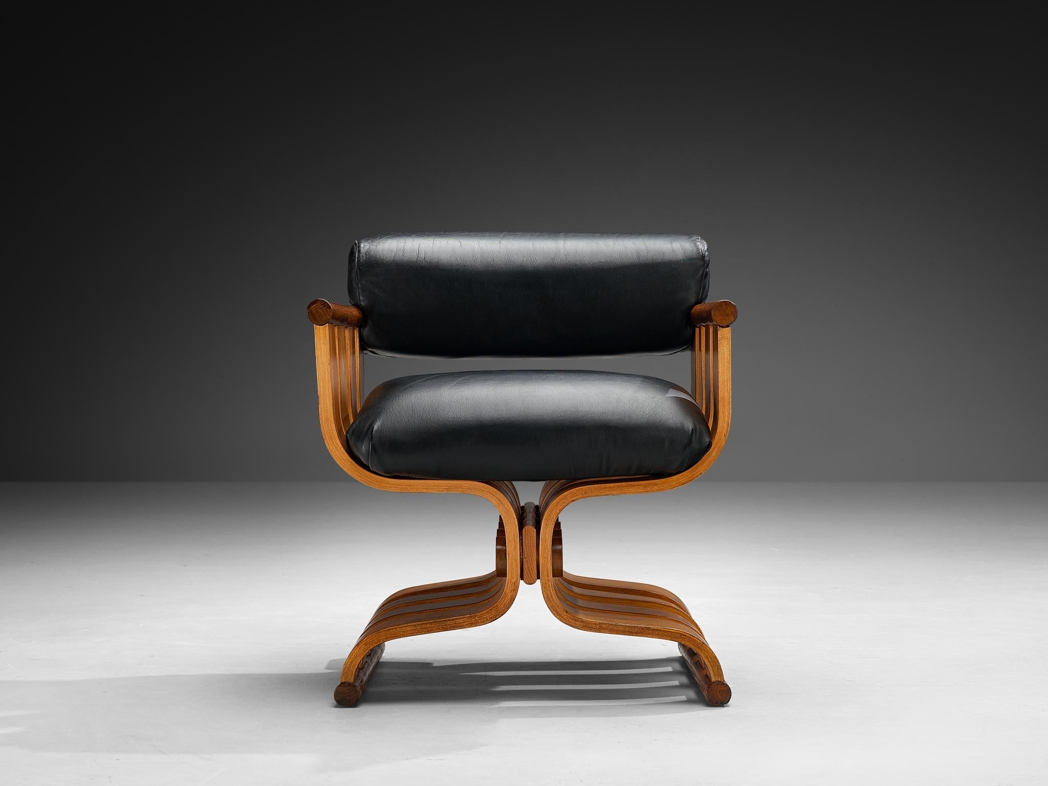 Sculptural Armchair with Organic Curves in Walnut & Black Leather