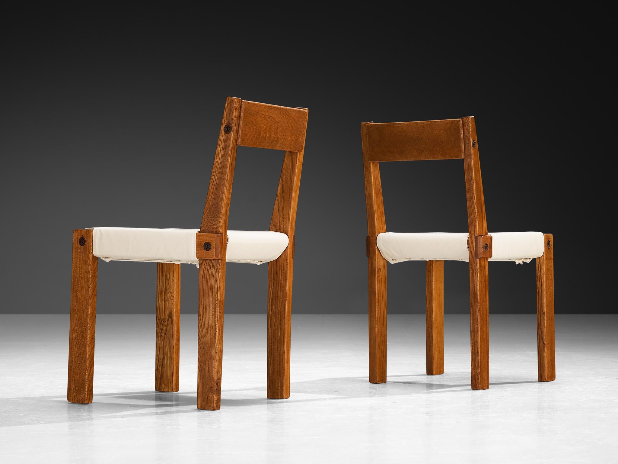 Early Pierre Chapo Set of Ten 'S24' Dining Chairs in White Canvas and Elm