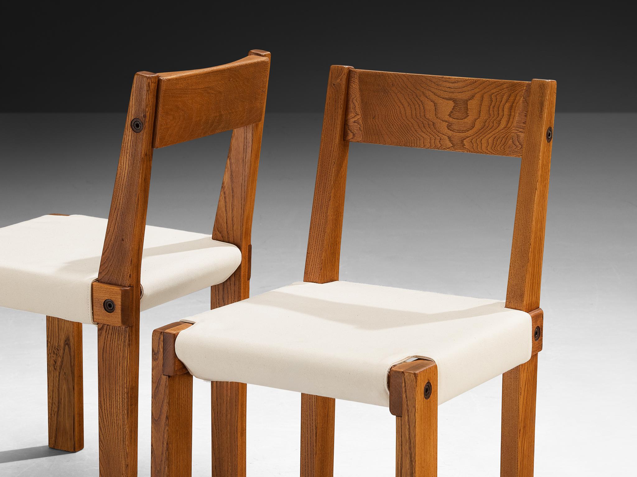 Early Pierre Chapo Set of Ten 'S24' Dining Chairs in White Canvas and Elm