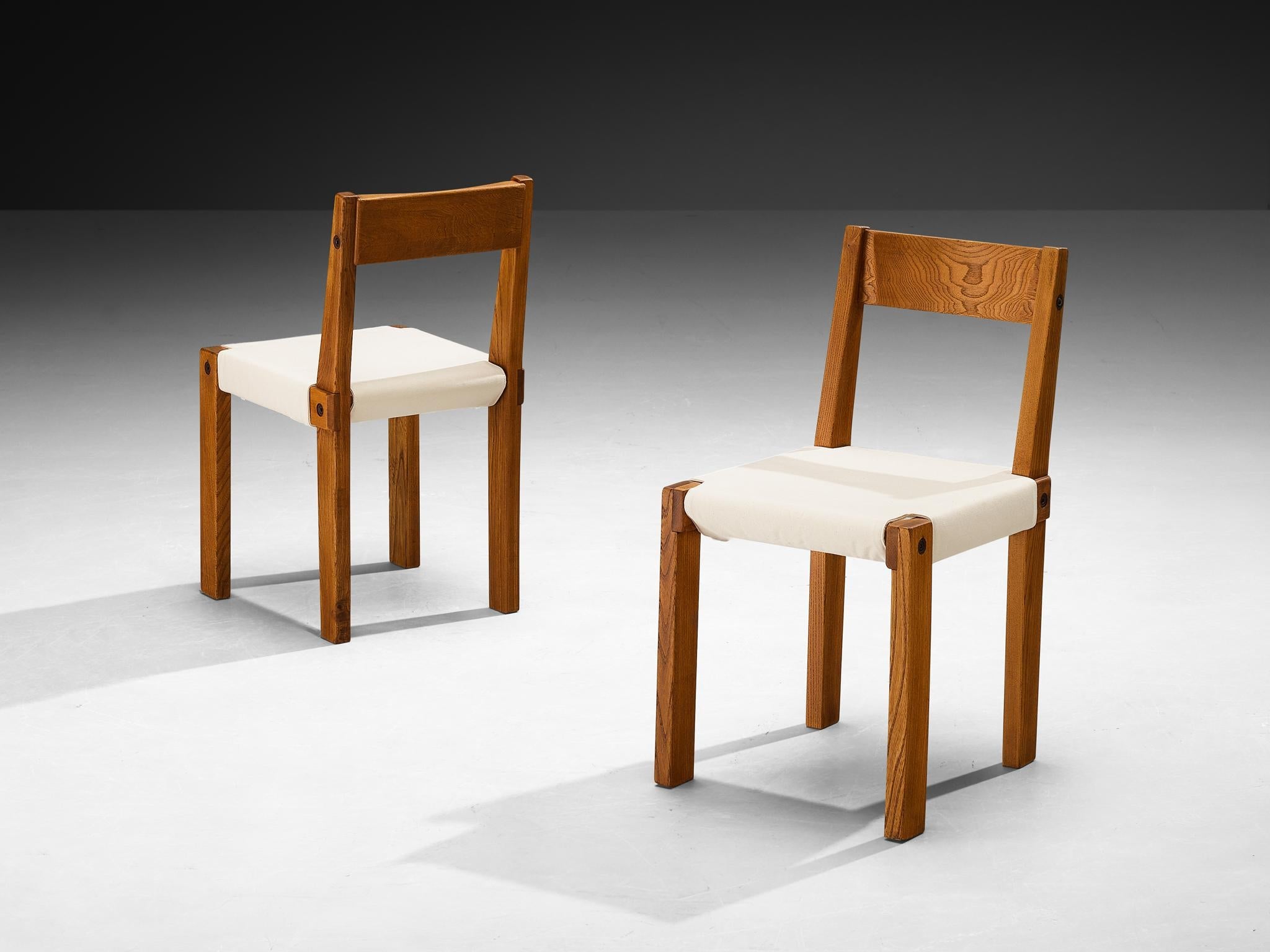 Early Pierre Chapo Set of Ten 'S24' Dining Chairs in White Canvas and Elm