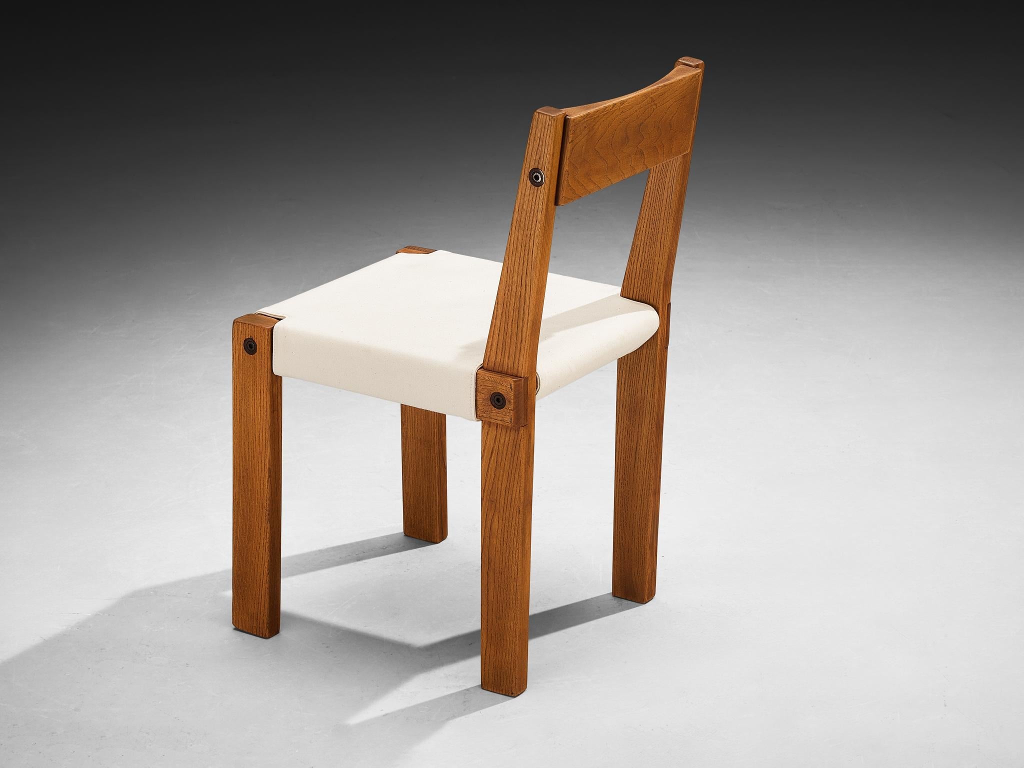 Early Pierre Chapo Set of Ten 'S24' Dining Chairs in White Canvas and Elm