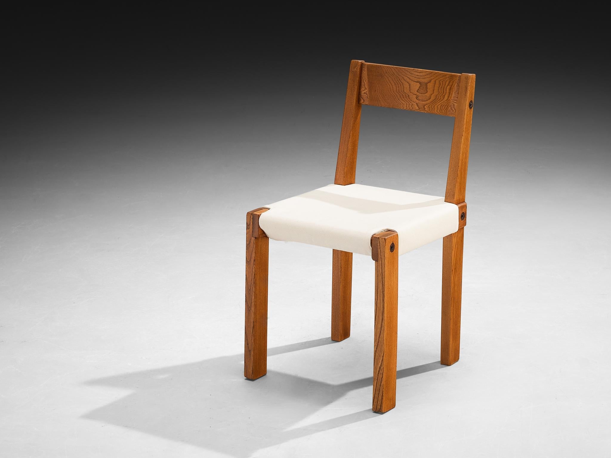 Early Pierre Chapo Set of Ten 'S24' Dining Chairs in White Canvas and Elm