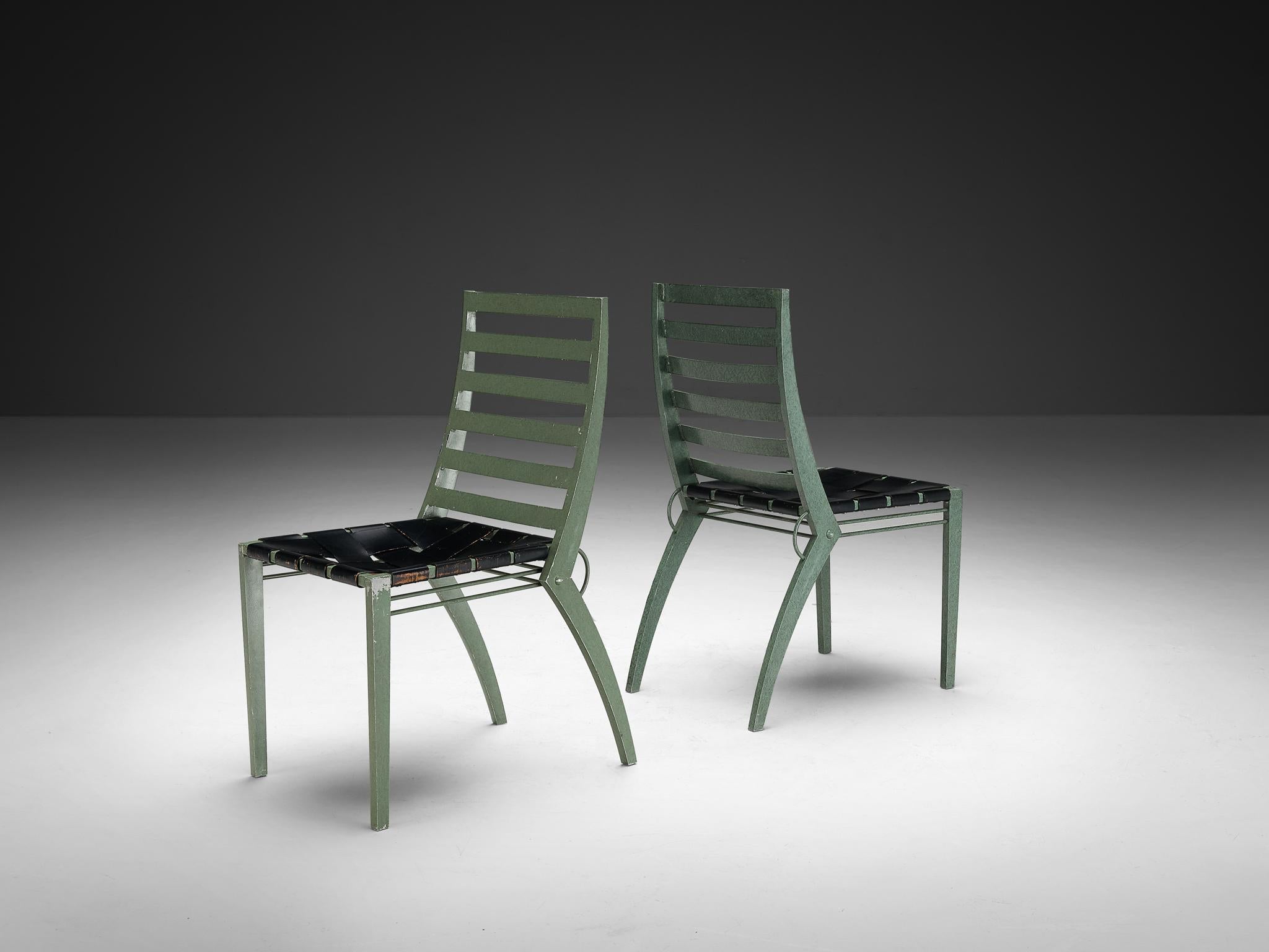 Art Deco Inspired Set of Twelve Dining Chairs in Green Metal Black Leather