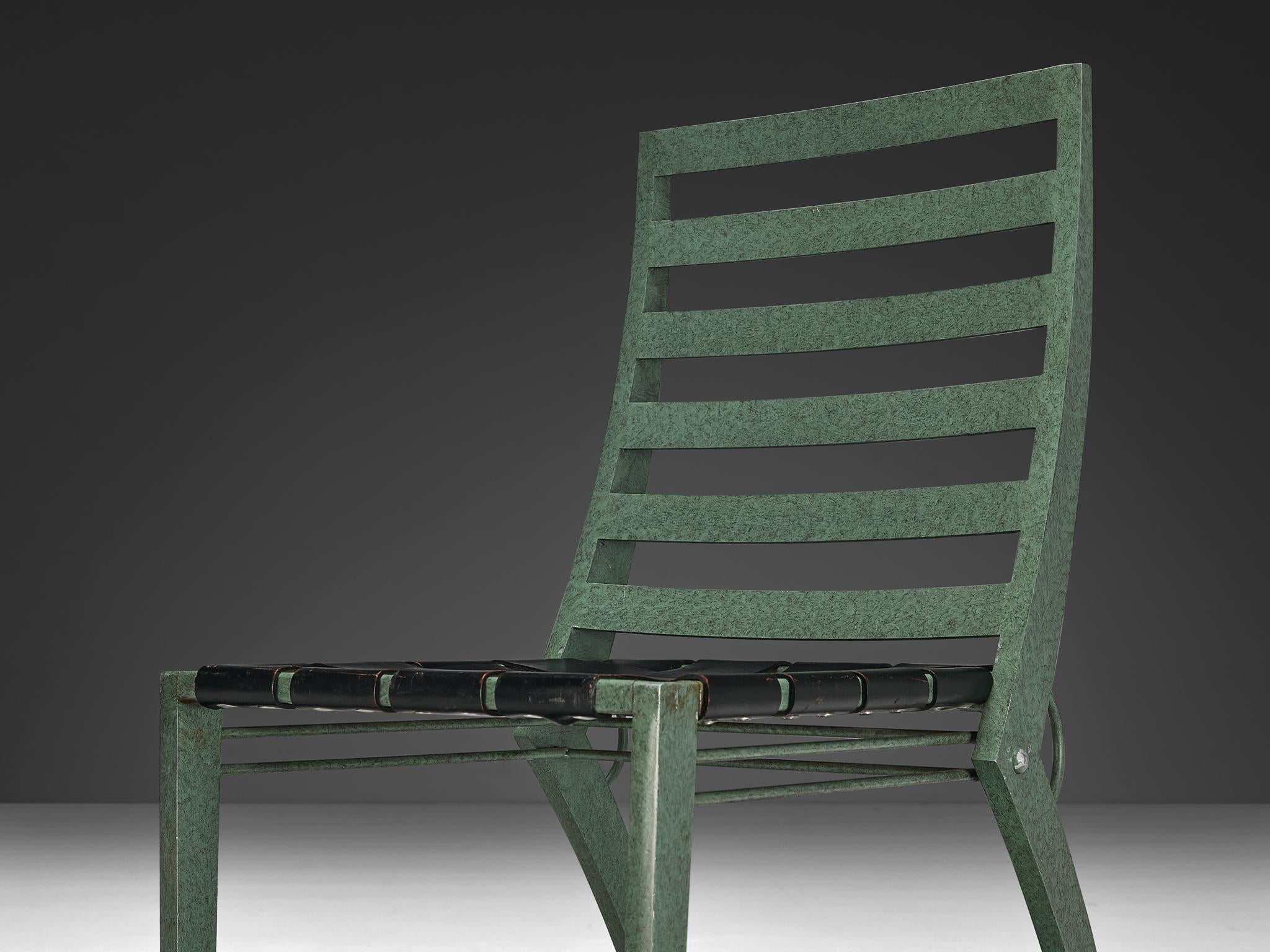 Art Deco Inspired Set of Twelve Dining Chairs in Green Metal Black Leather