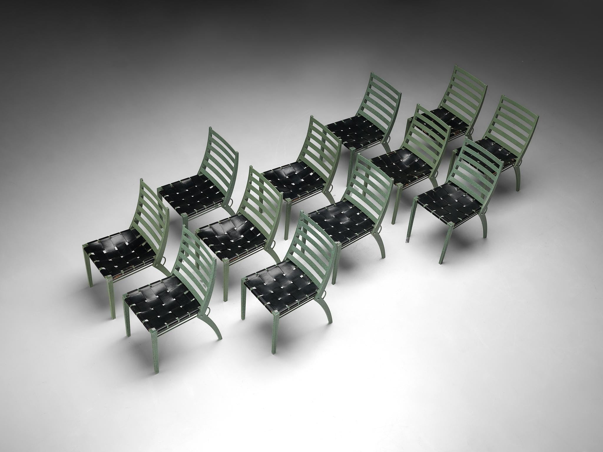 Art Deco Inspired Set of Twelve Dining Chairs in Green Metal Black Leather