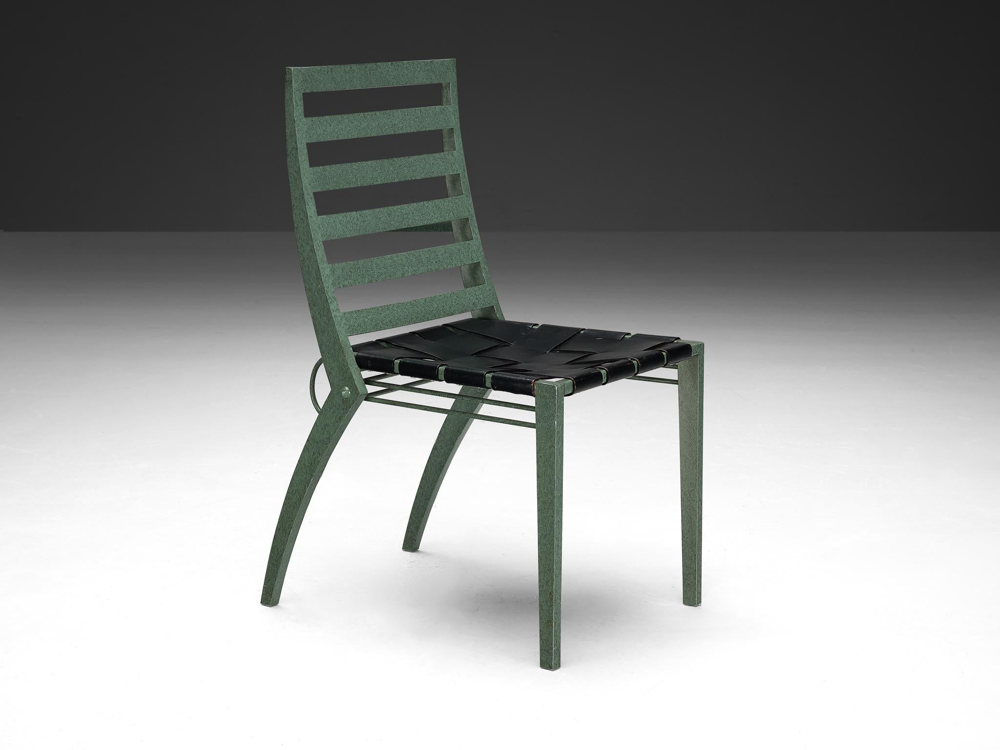 Art Deco Inspired Set of Twelve Dining Chairs in Green Metal Black Leather