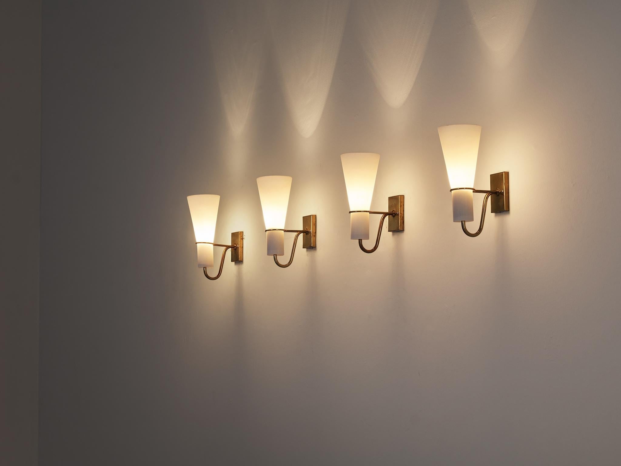 Hans Bergström for ASEA Belysning Wall Lights in Brass and White Glass