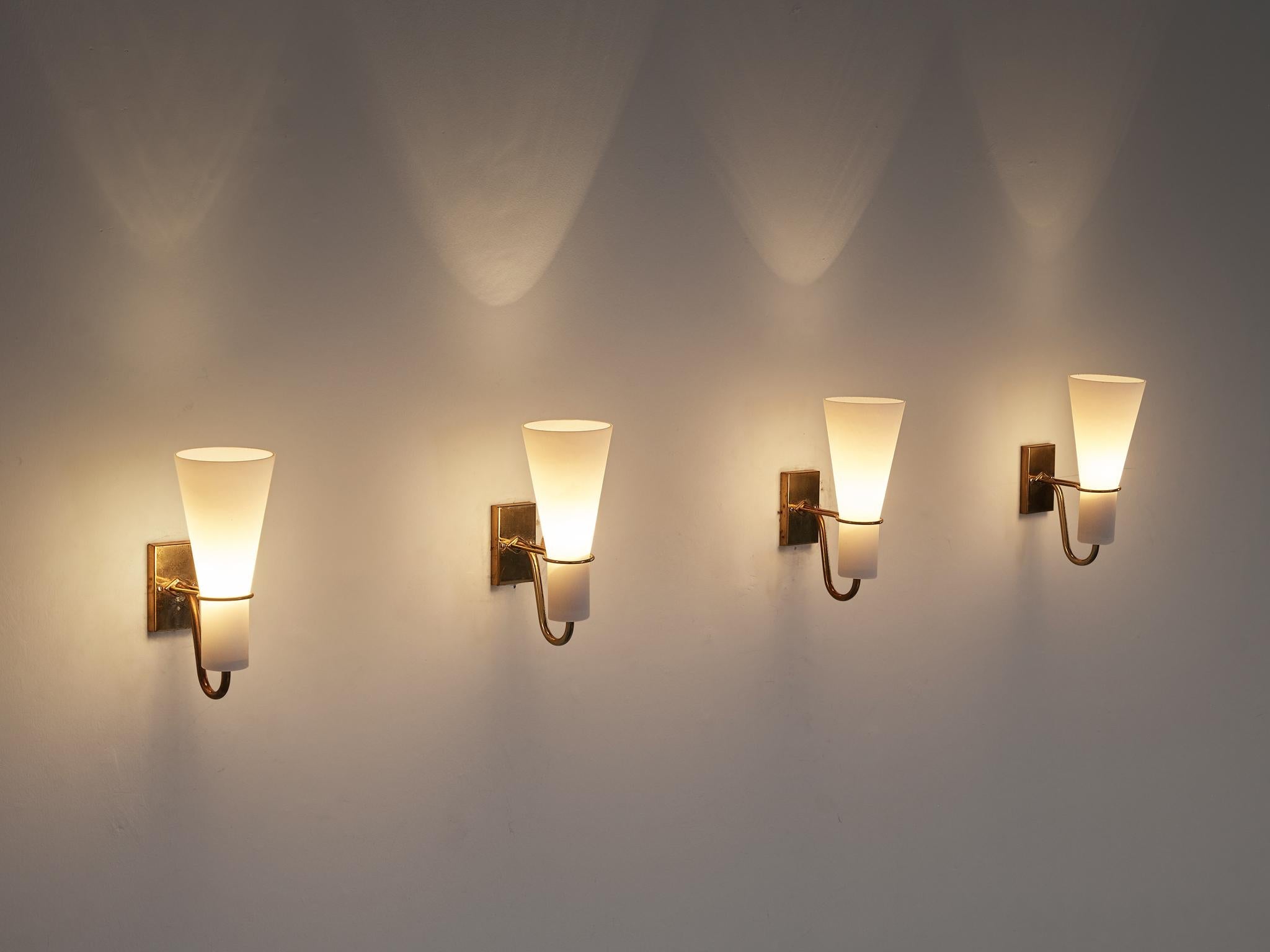 Hans Bergström for ASEA Belysning Wall Lights in Brass and White Glass