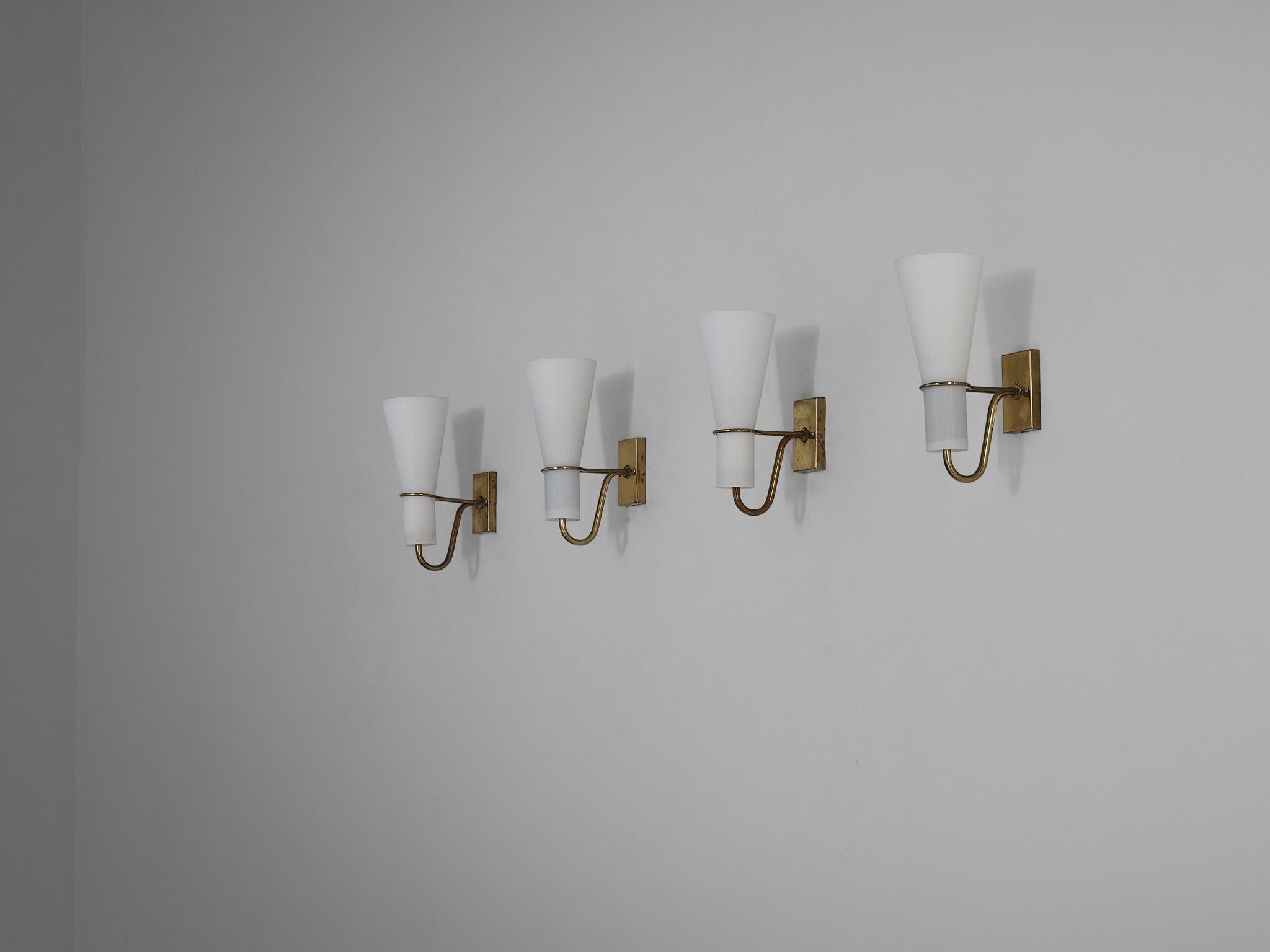 Hans Bergström for ASEA Belysning Wall Lights in Brass and White Glass