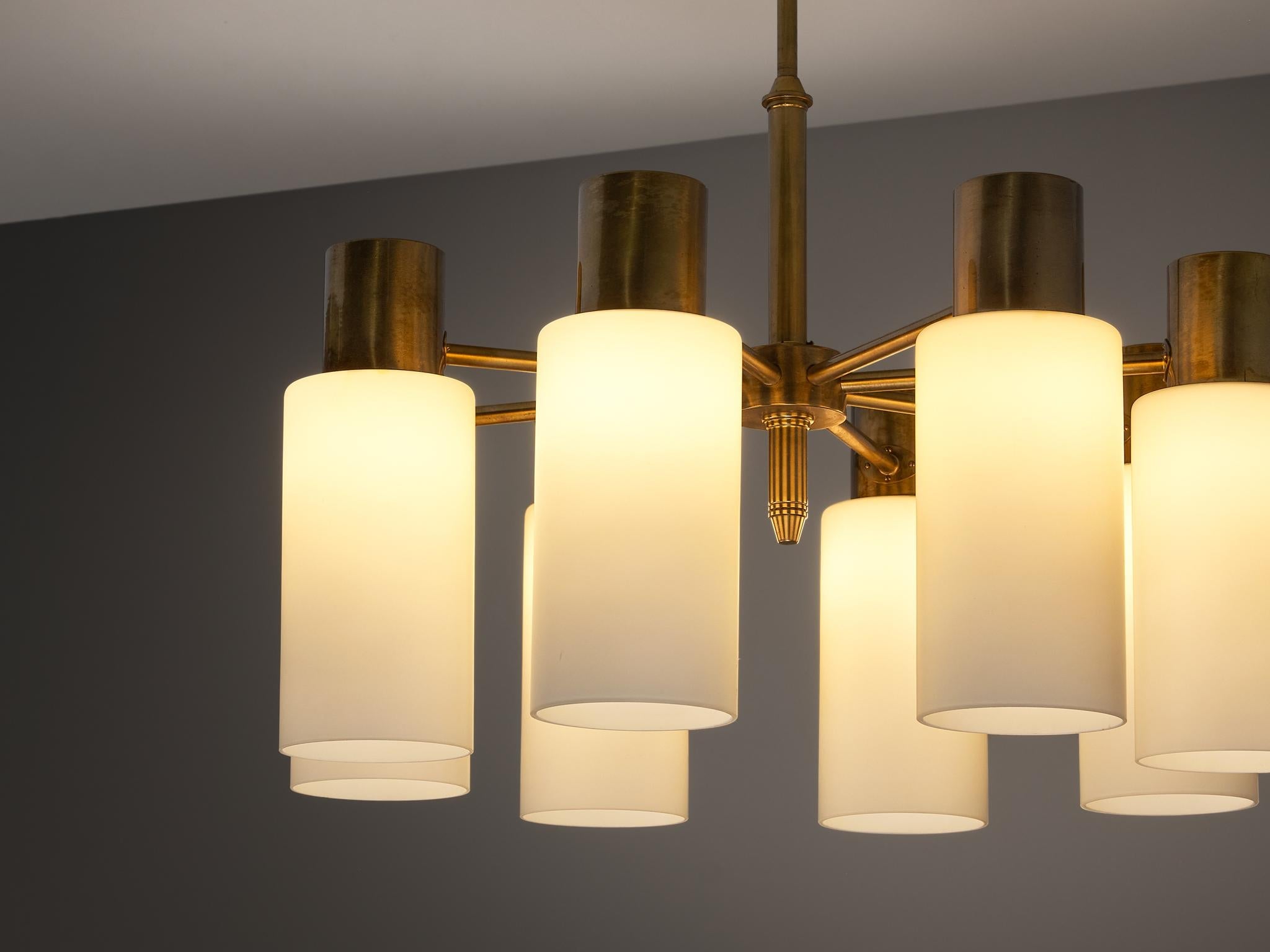 Hans-Agne Jakobsson Chandelier in Brass and White Opaque Glass