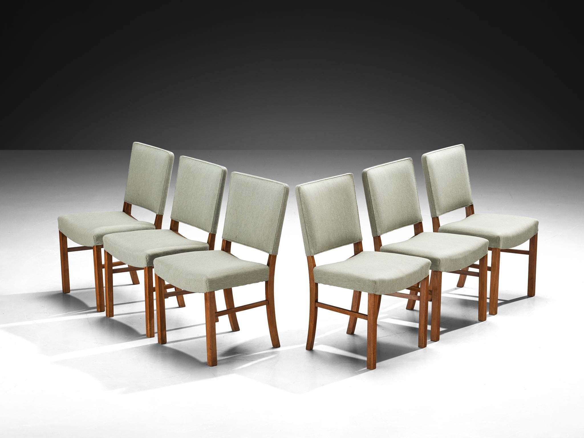 Dining Chairs in Mint Green Wool and Mahogany by Danish Cabinetmaker