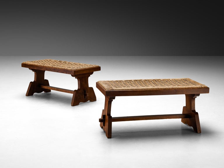 Italian Rustic Benches in Woven Straw and Chestnut