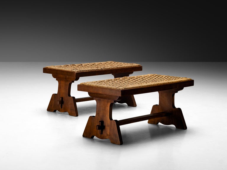 Italian Rustic Benches in Woven Straw and Chestnut