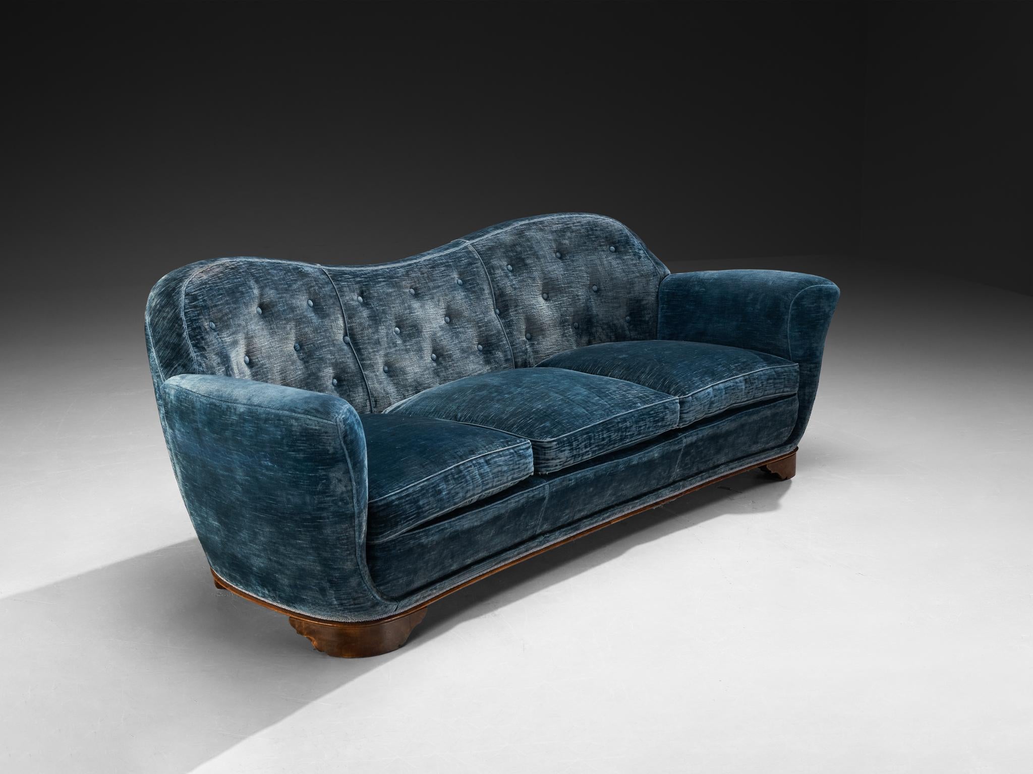 1940s Italian Sofa with Organic Backrest in Blue Velvet and Walnut