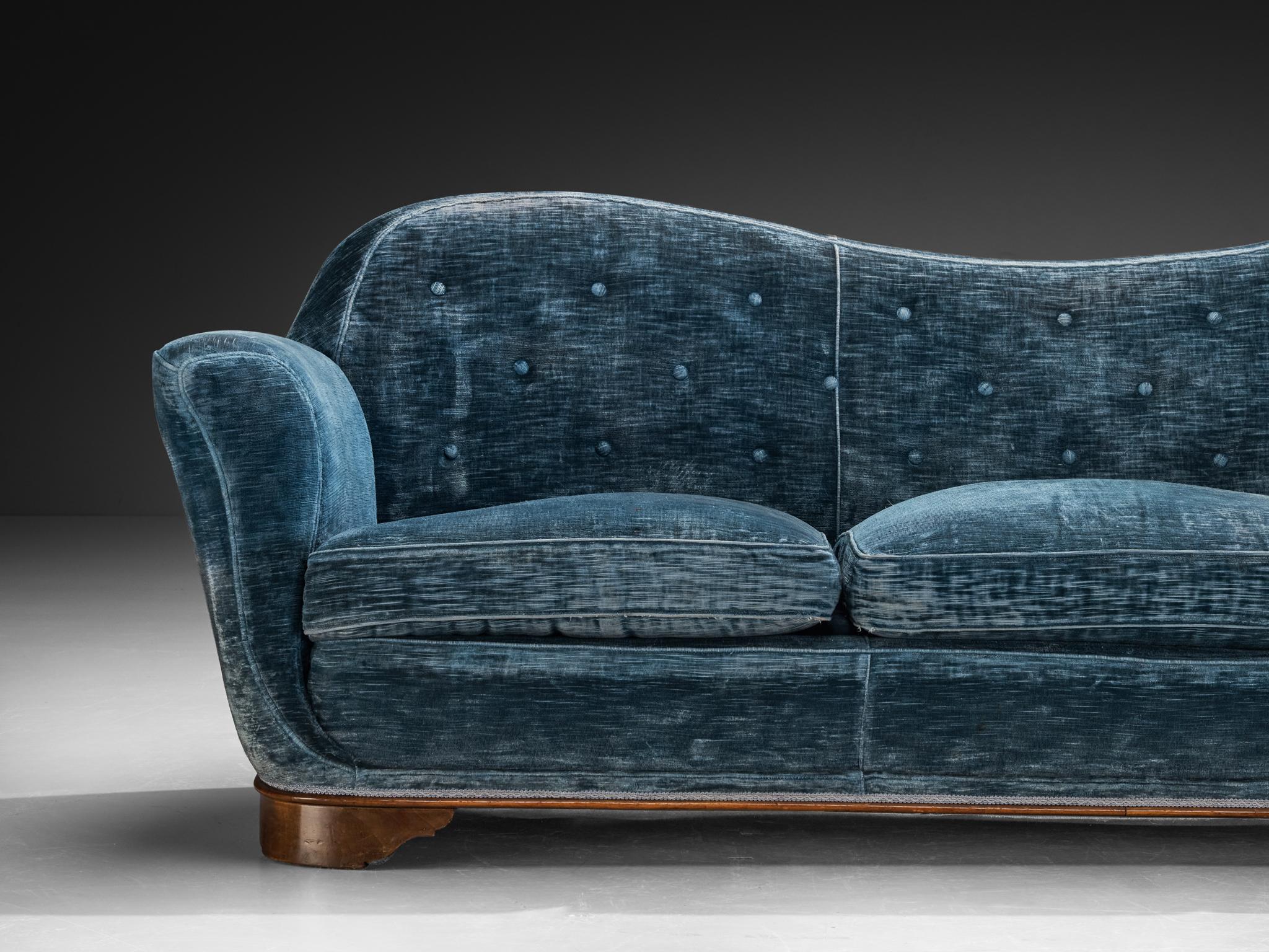 1940s Italian Sofa with Organic Backrest in Blue Velvet and Walnut