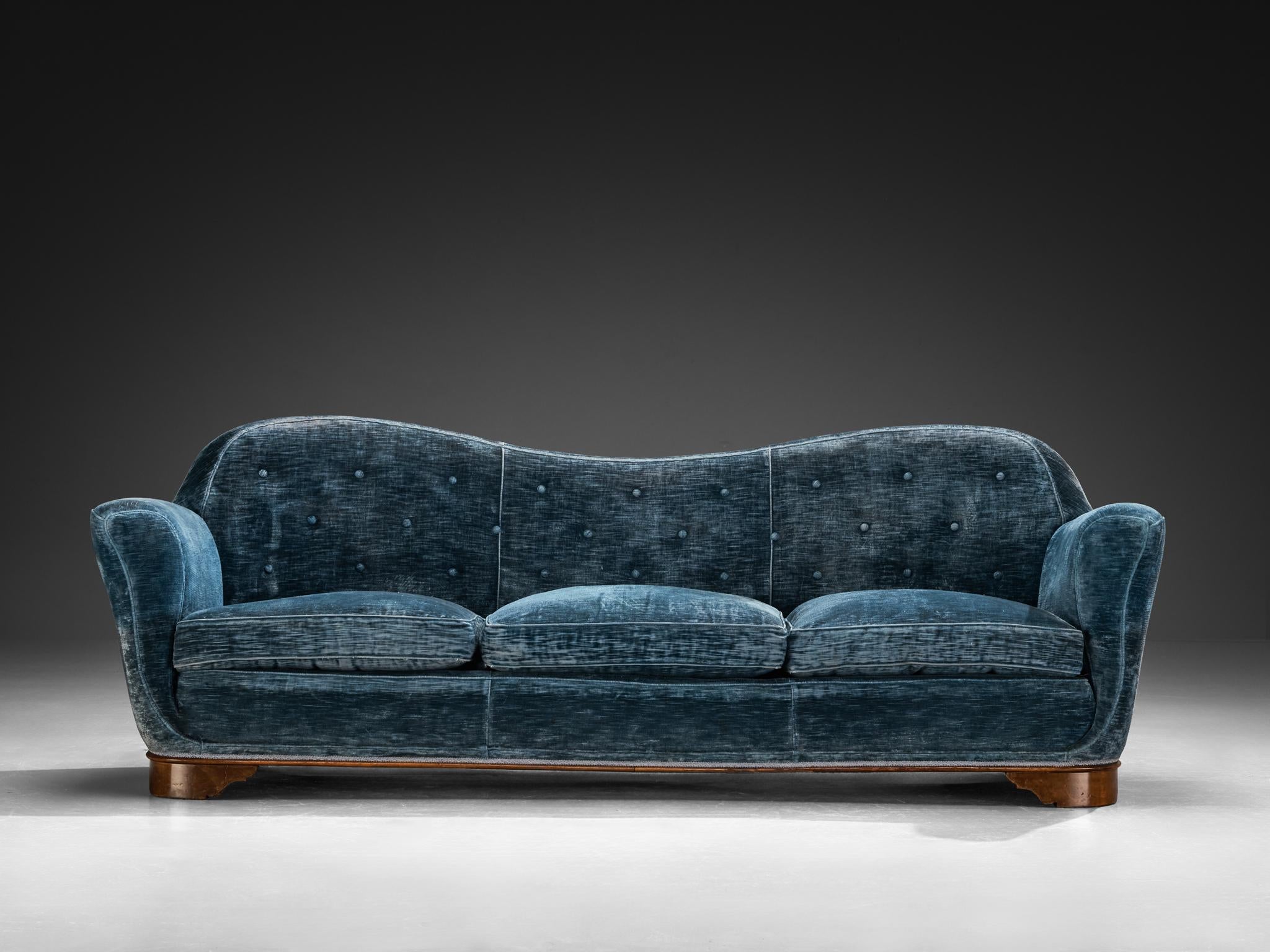 1940s Italian Sofa with Organic Backrest in Blue Velvet and Walnut