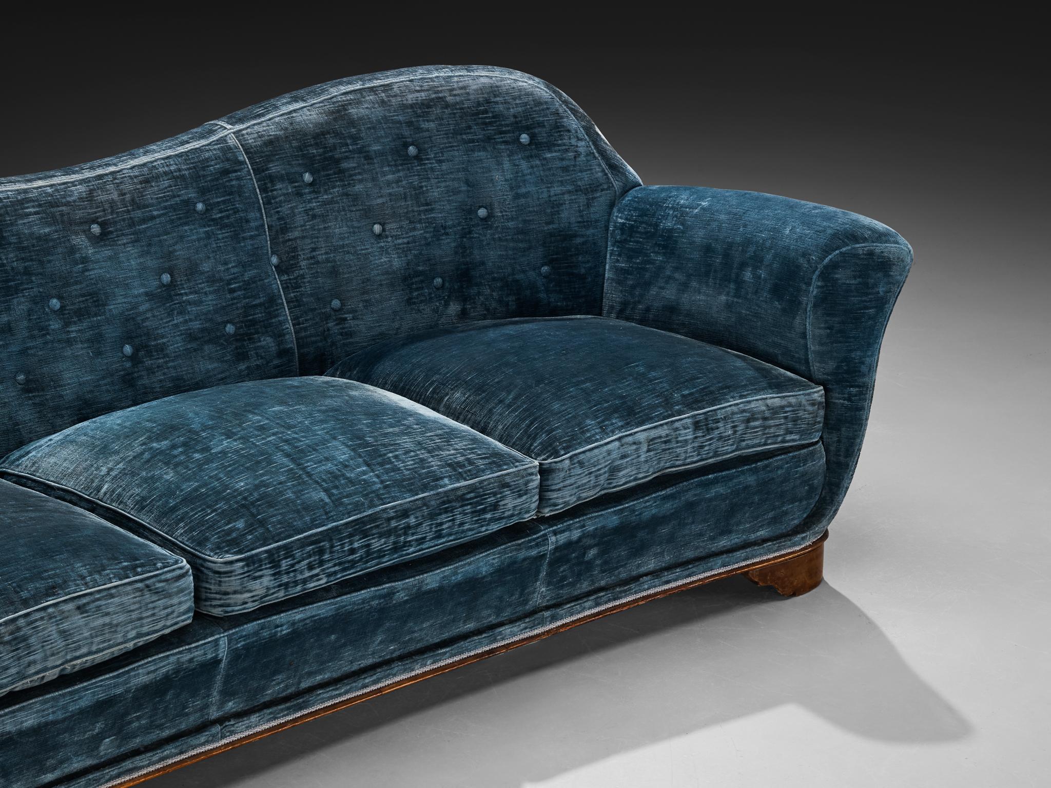 1940s Italian Sofa with Organic Backrest in Blue Velvet and Walnut