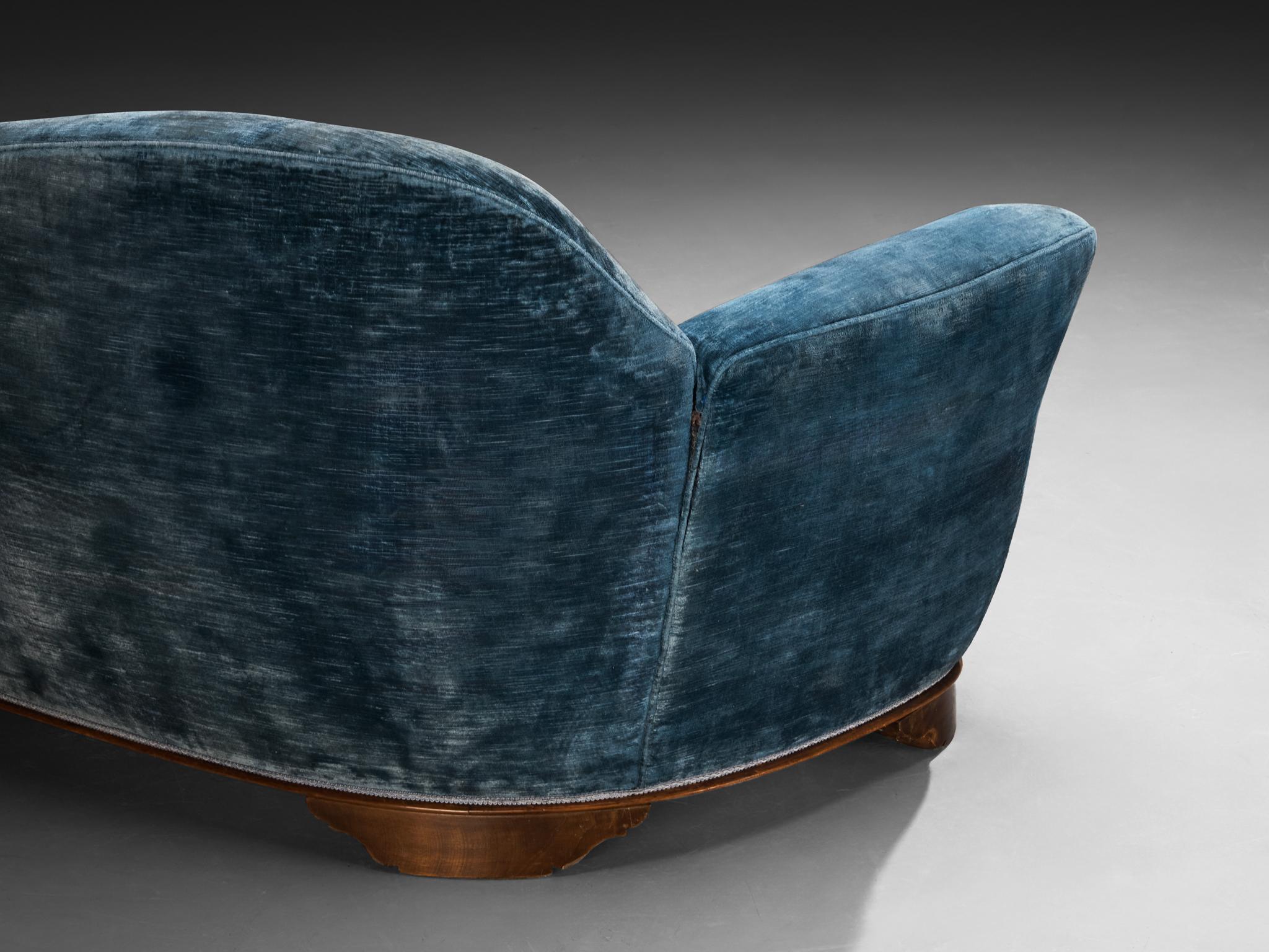 1940s Italian Sofa with Organic Backrest in Blue Velvet and Walnut