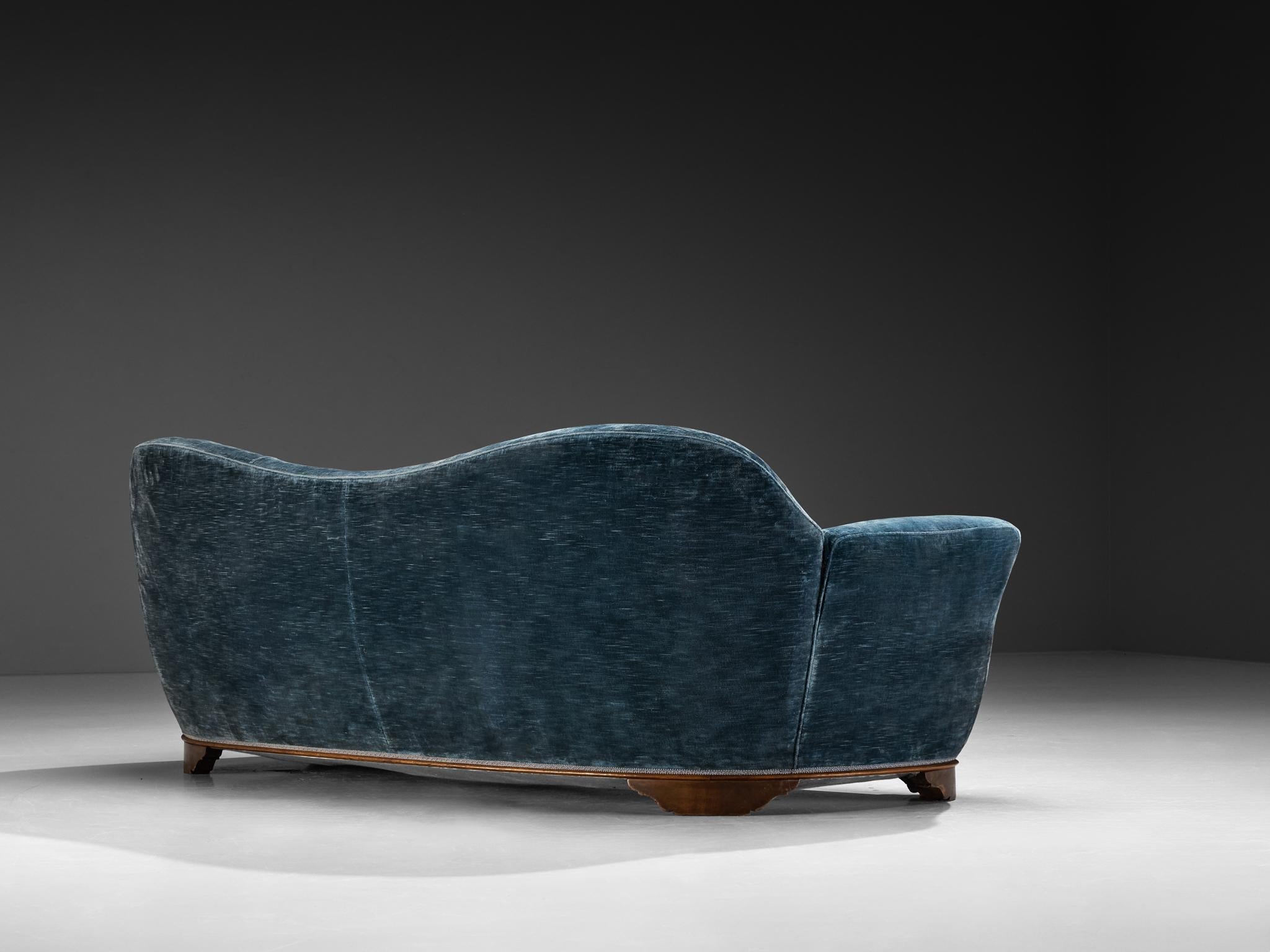 1940s Italian Sofa with Organic Backrest in Blue Velvet and Walnut