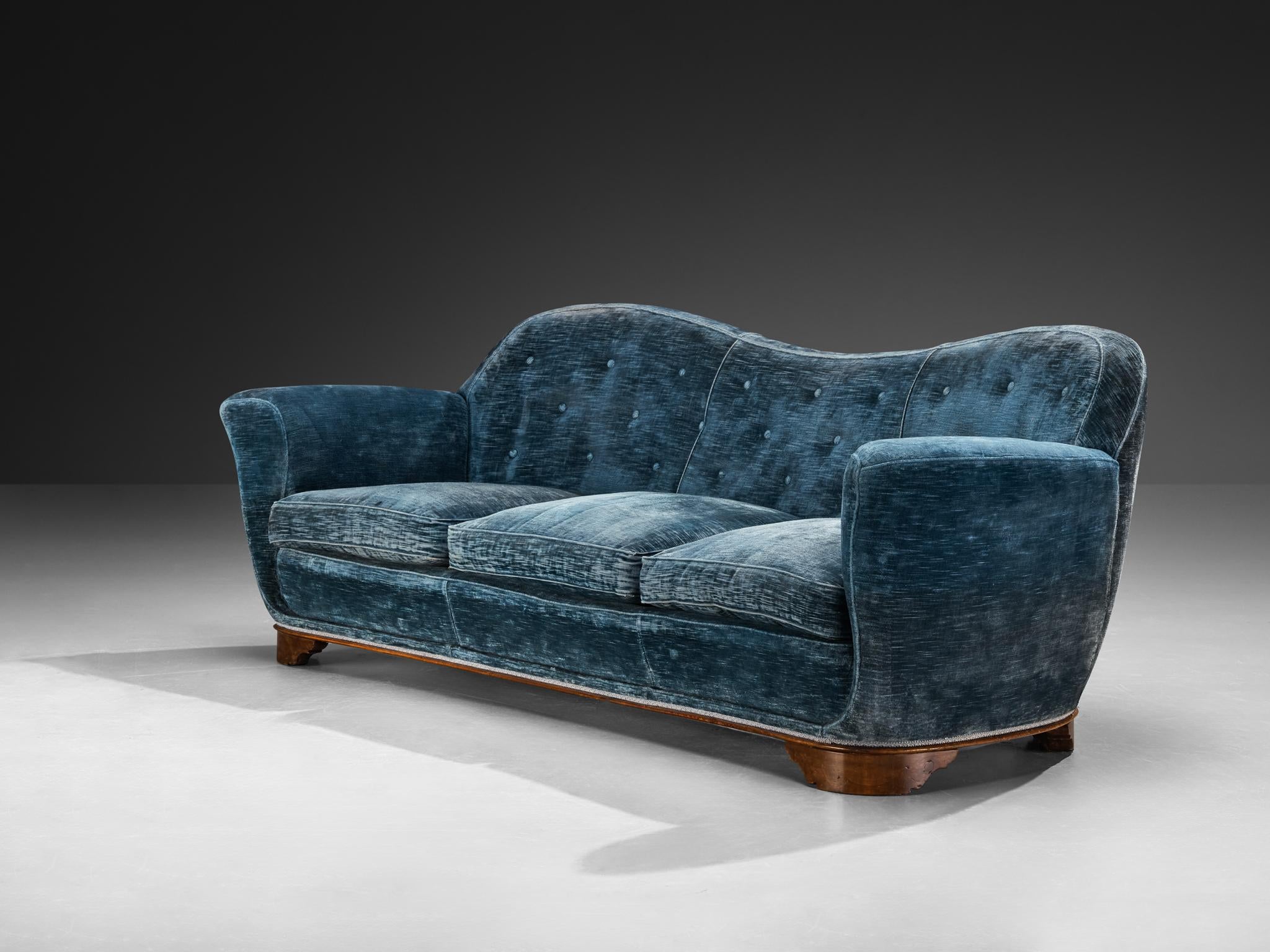 1940s Italian Sofa with Organic Backrest in Blue Velvet and Walnut