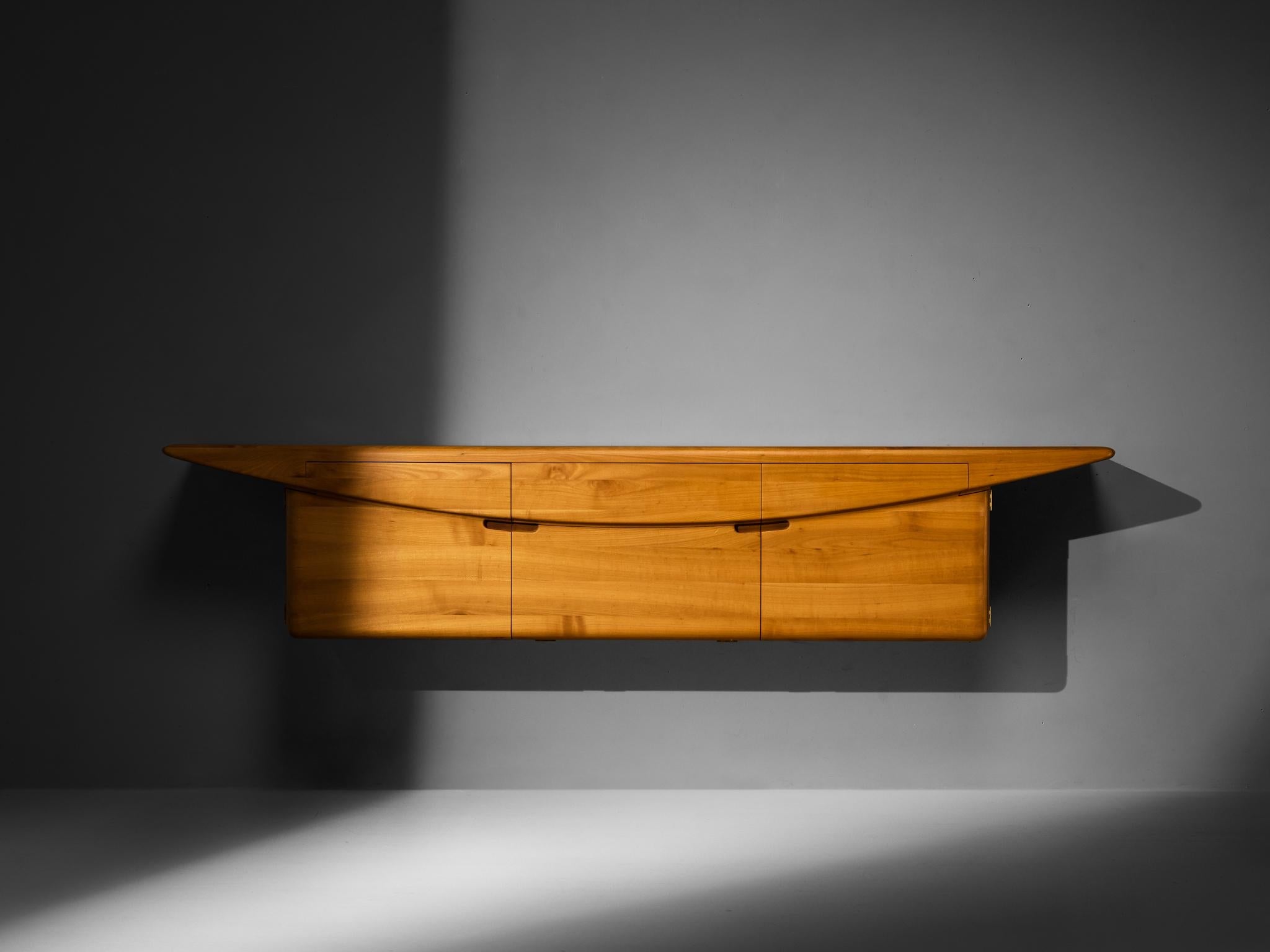 Mid-Century Inspired Sculptural Wall Mounted Sideboard in Solid Elm & Brass