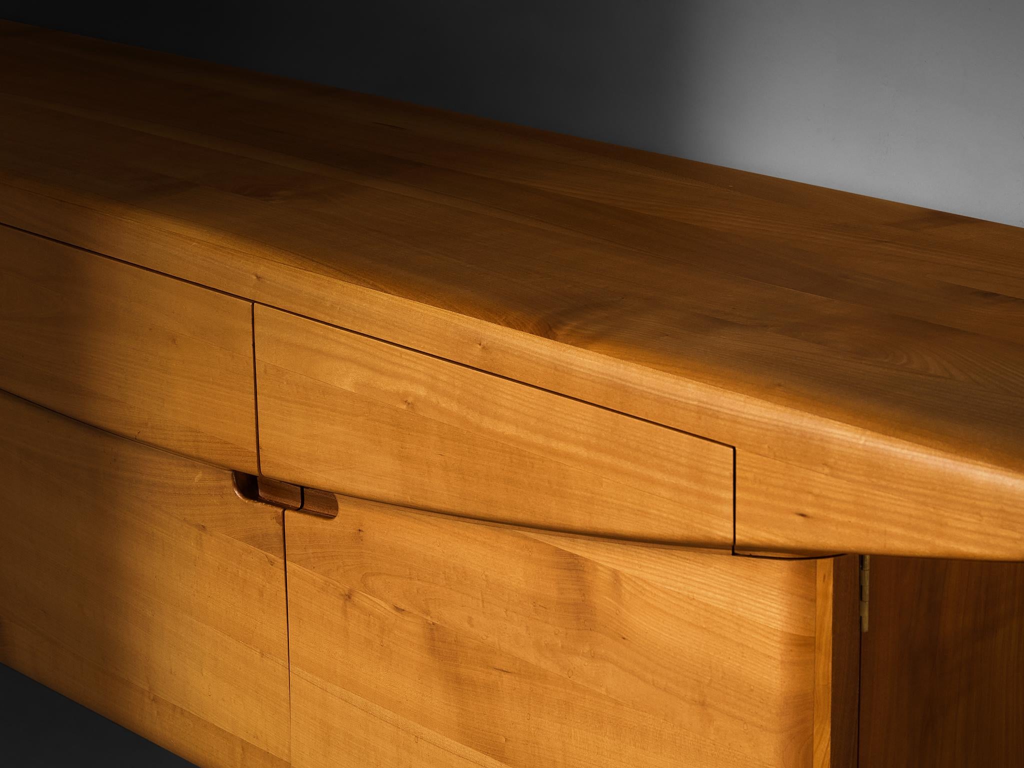 Mid-Century Inspired Sculptural Wall Mounted Sideboard in Solid Elm & Brass