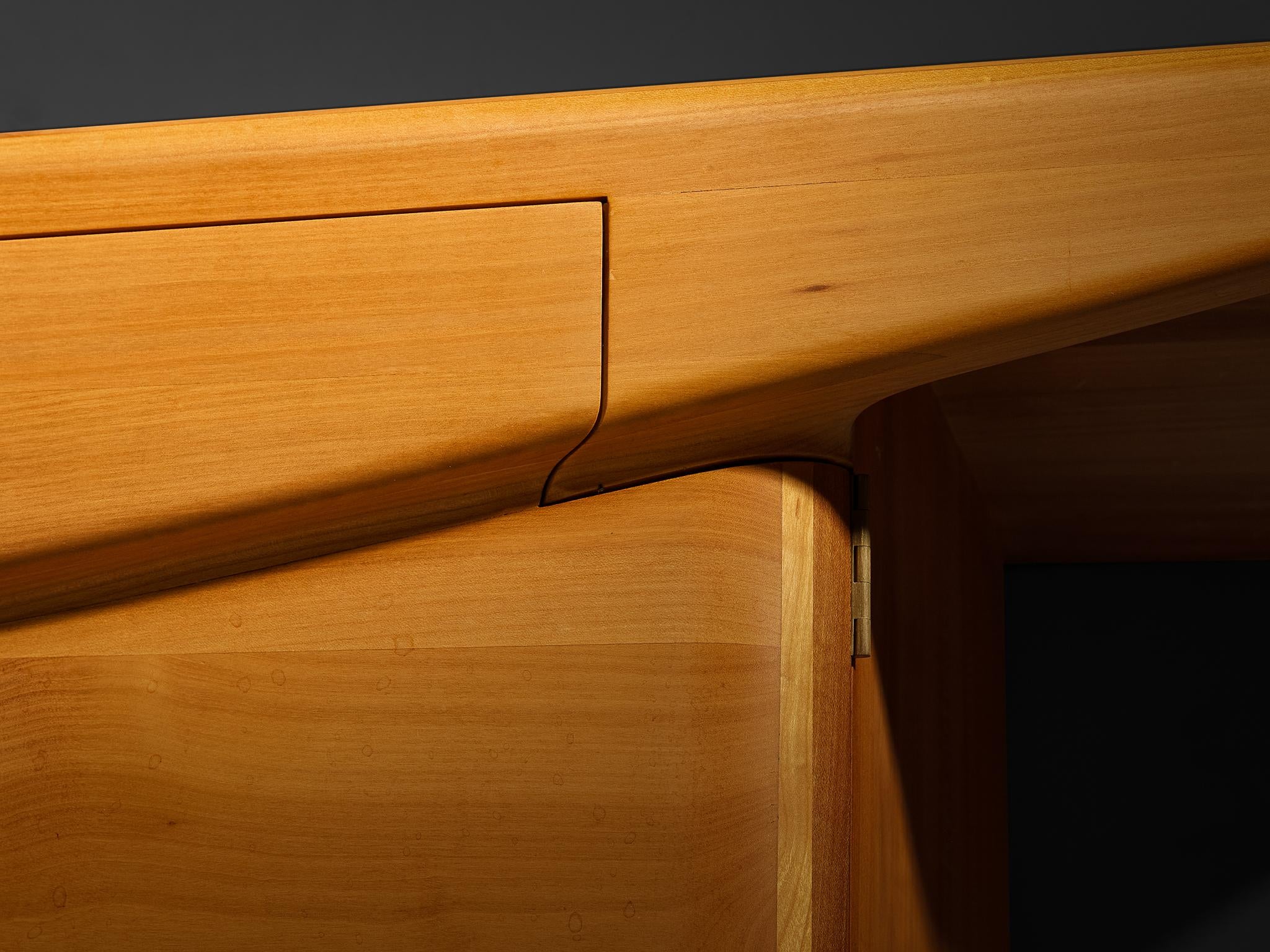 Mid-Century Inspired Sculptural Wall Mounted Sideboard in Solid Elm & Brass