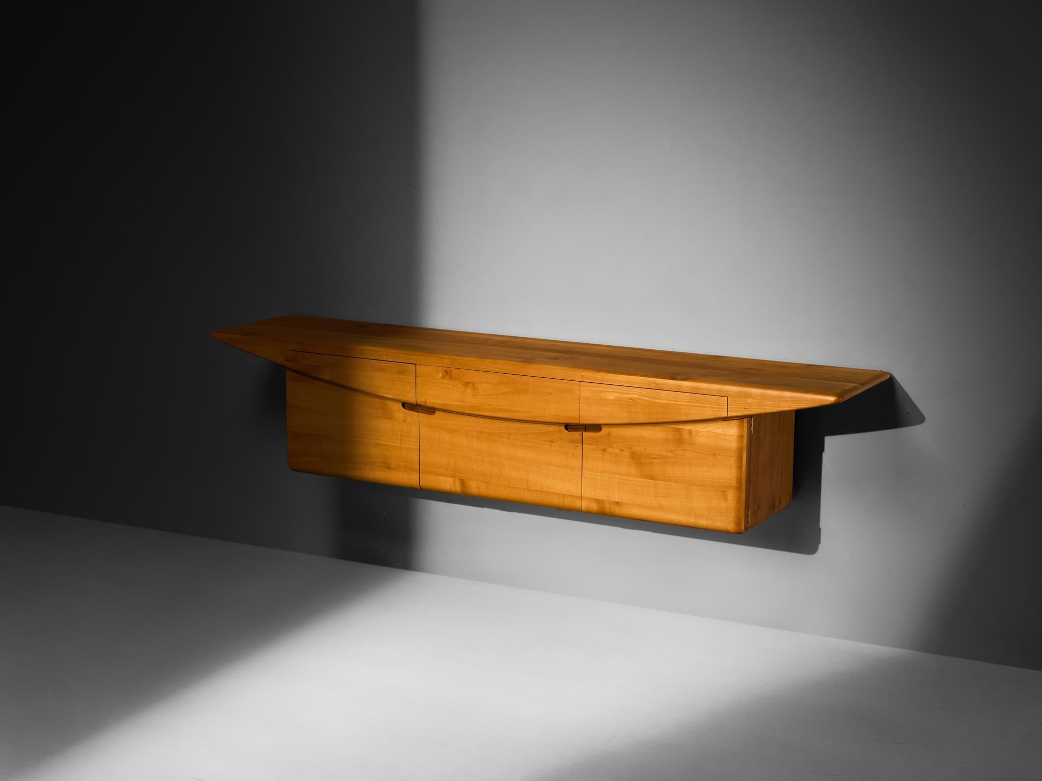 Mid-Century Inspired Sculptural Wall Mounted Sideboard in Solid Elm & Brass