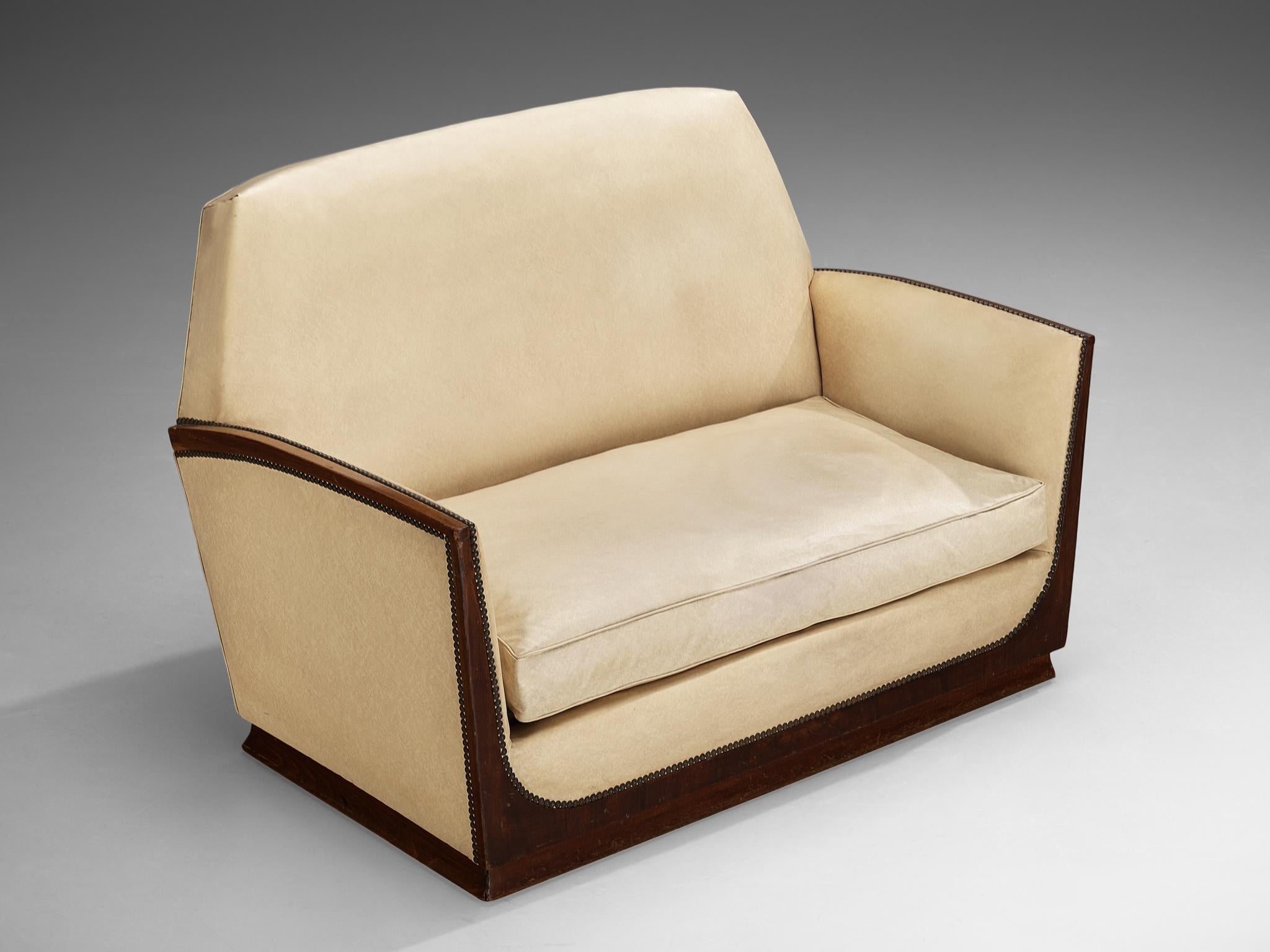 French Art Deco Two Seat Sofa in Off White Upholstery