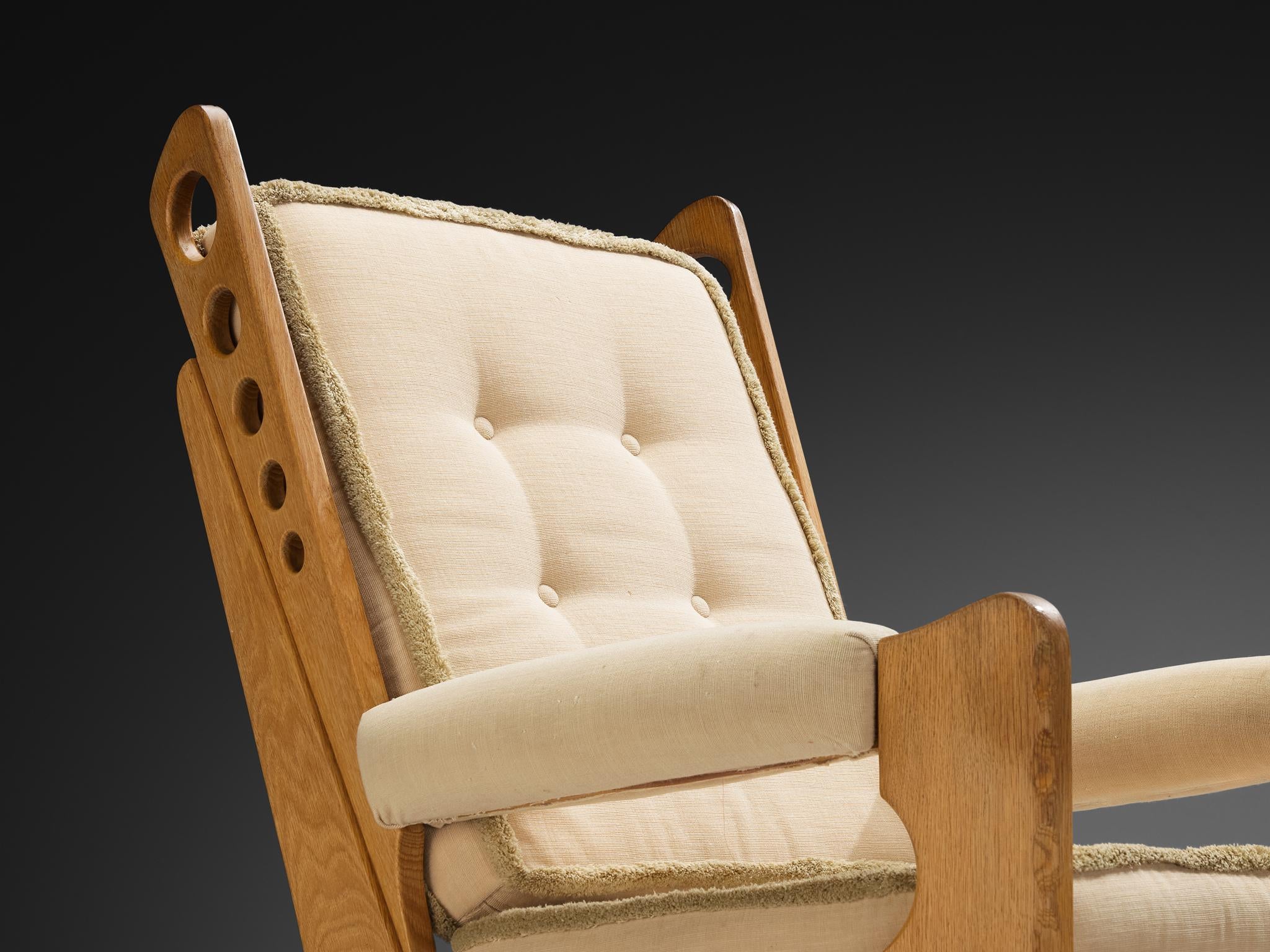 Eccentric Lounge Chair with Decorative Carvings in Oak and Beige Upholstery