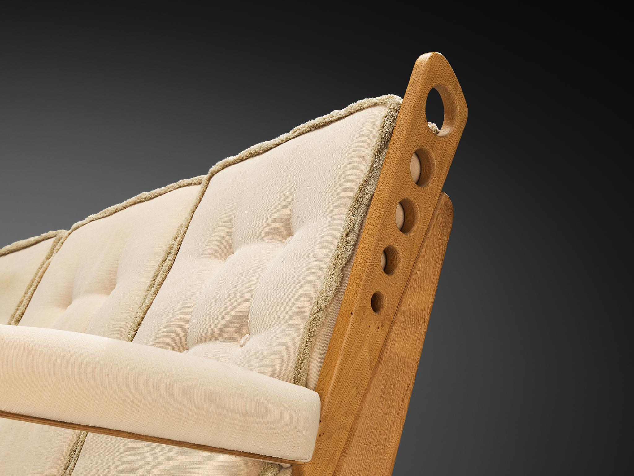 Eccentric Sofa with Geometric Carvings in Solid Oak and Light Beige Fabric