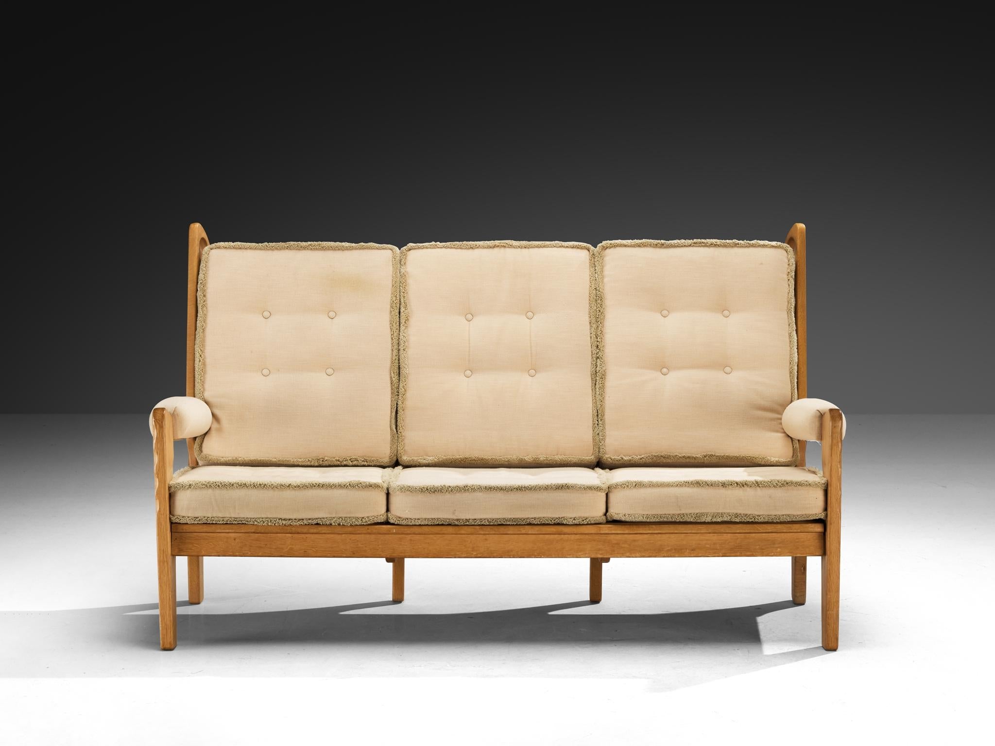 Eccentric Sofa with Geometric Carvings in Solid Oak and Light Beige Fabric