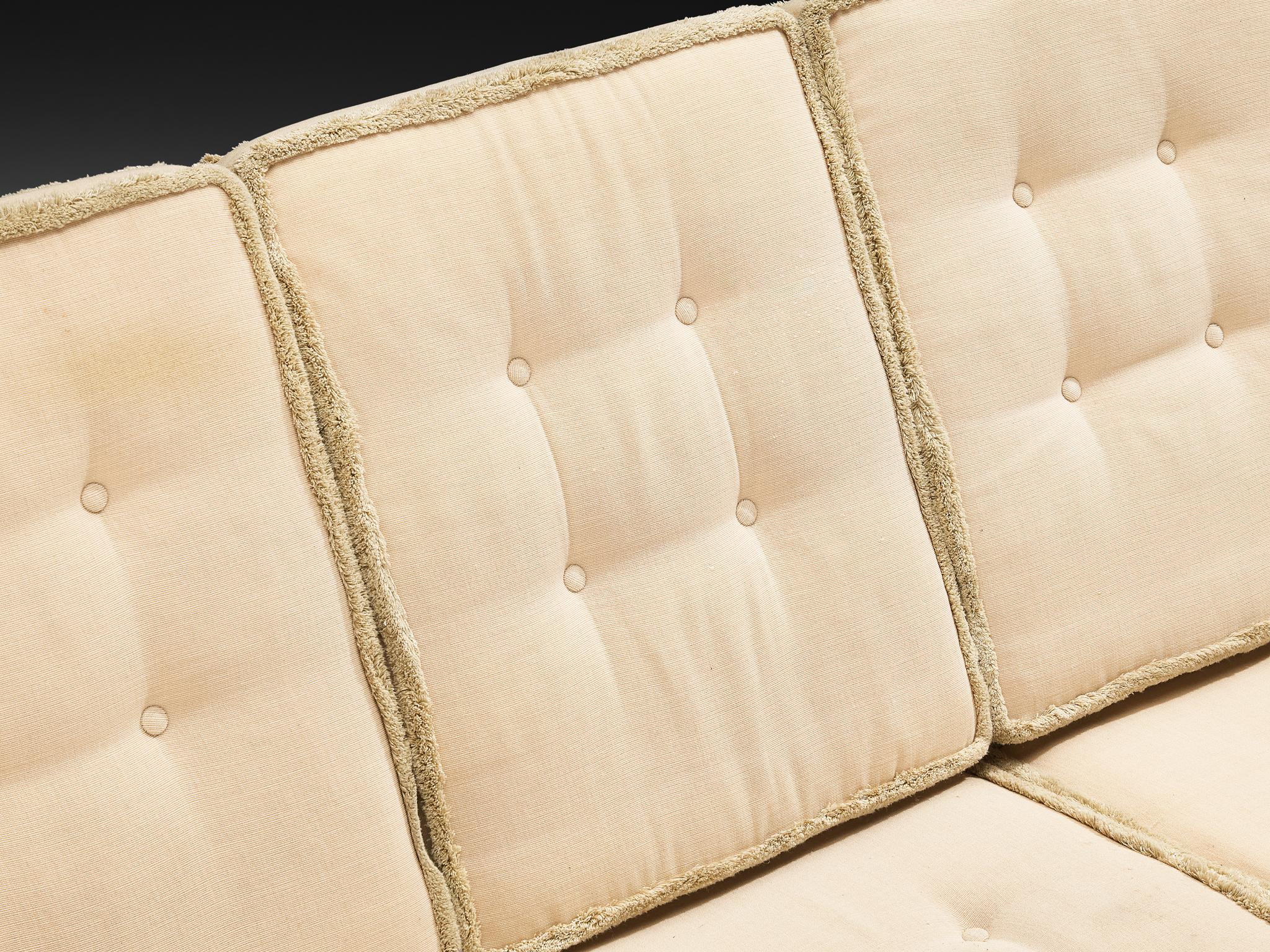 Eccentric Sofa with Geometric Carvings in Solid Oak and Light Beige Fabric