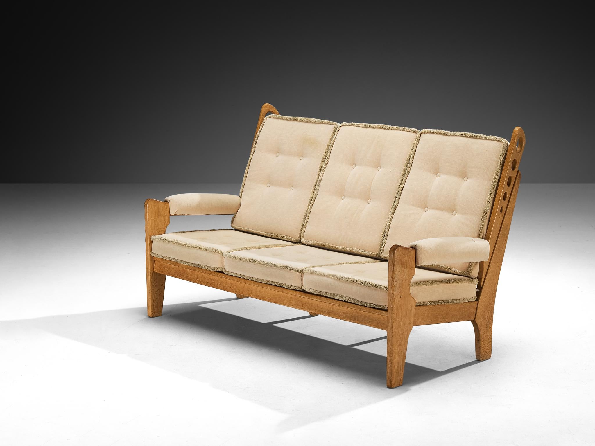 Eccentric Sofa with Geometric Carvings in Solid Oak and Light Beige Fabric