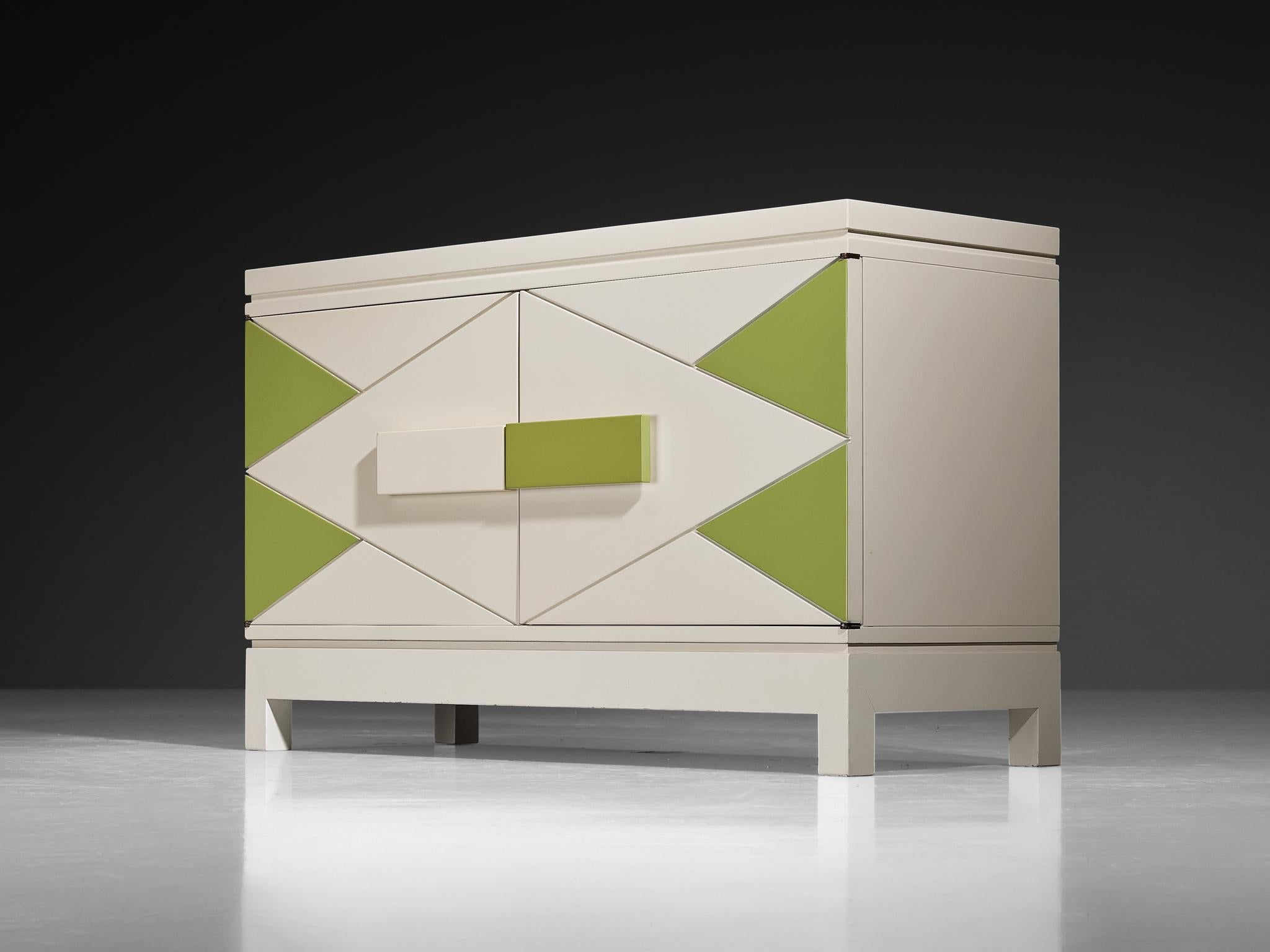 Rare Emiel Veranneman Cabinet in Off-White and Green Lacquered Wood