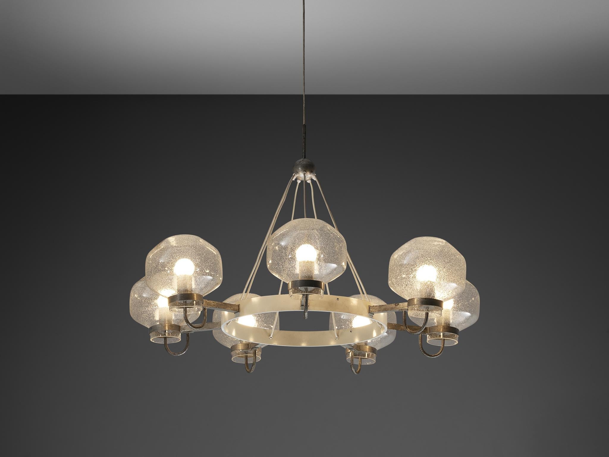 1970s Chandelier in Silver-Colored Metal & Blown Glass