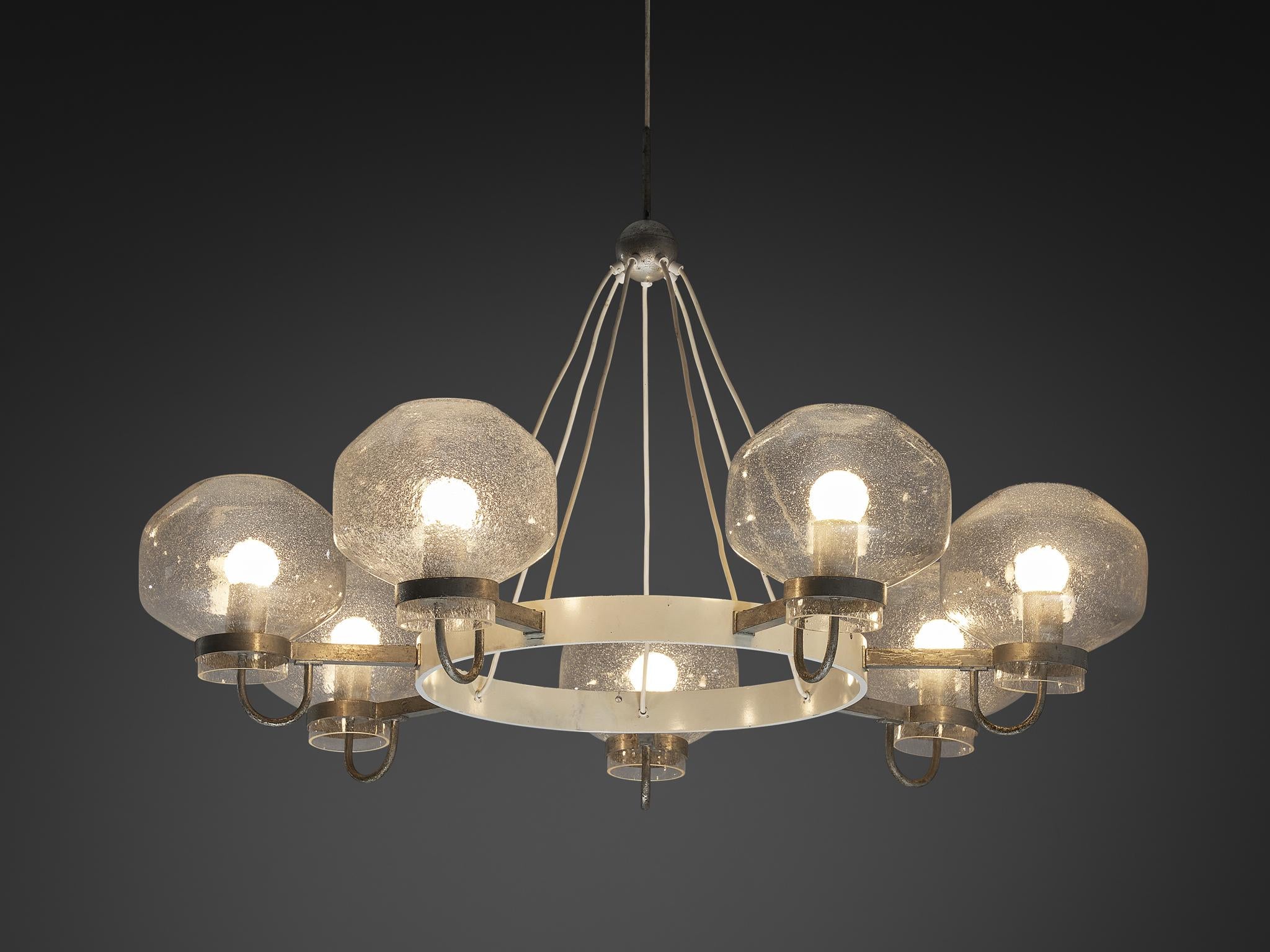 1970s Chandelier in Silver-Colored Metal & Blown Glass