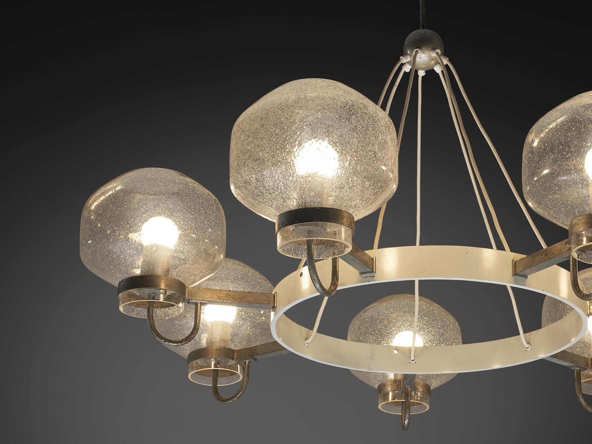 1970s Chandelier in Silver-Colored Metal & Blown Glass