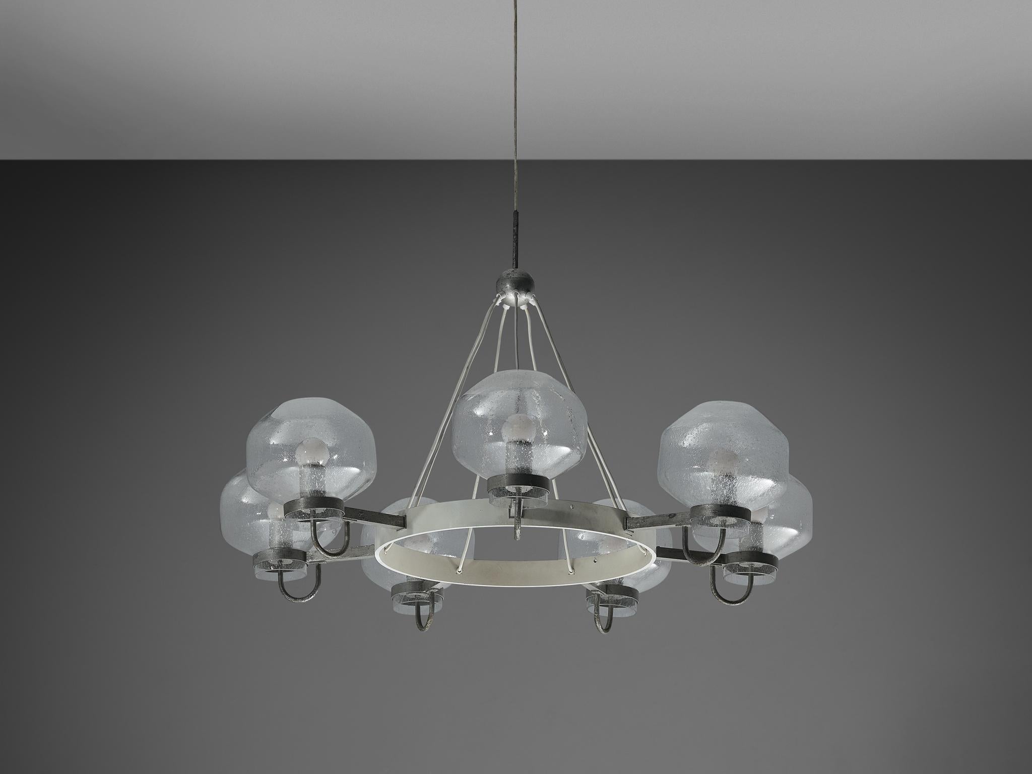 1970s Chandelier in Silver-Colored Metal & Blown Glass