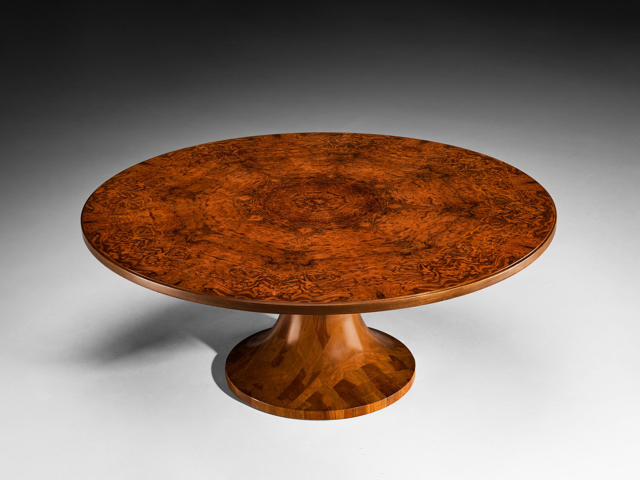 Italian Round Dining Table in Walnut Burl with Marquetry Base 180cm/70.87in