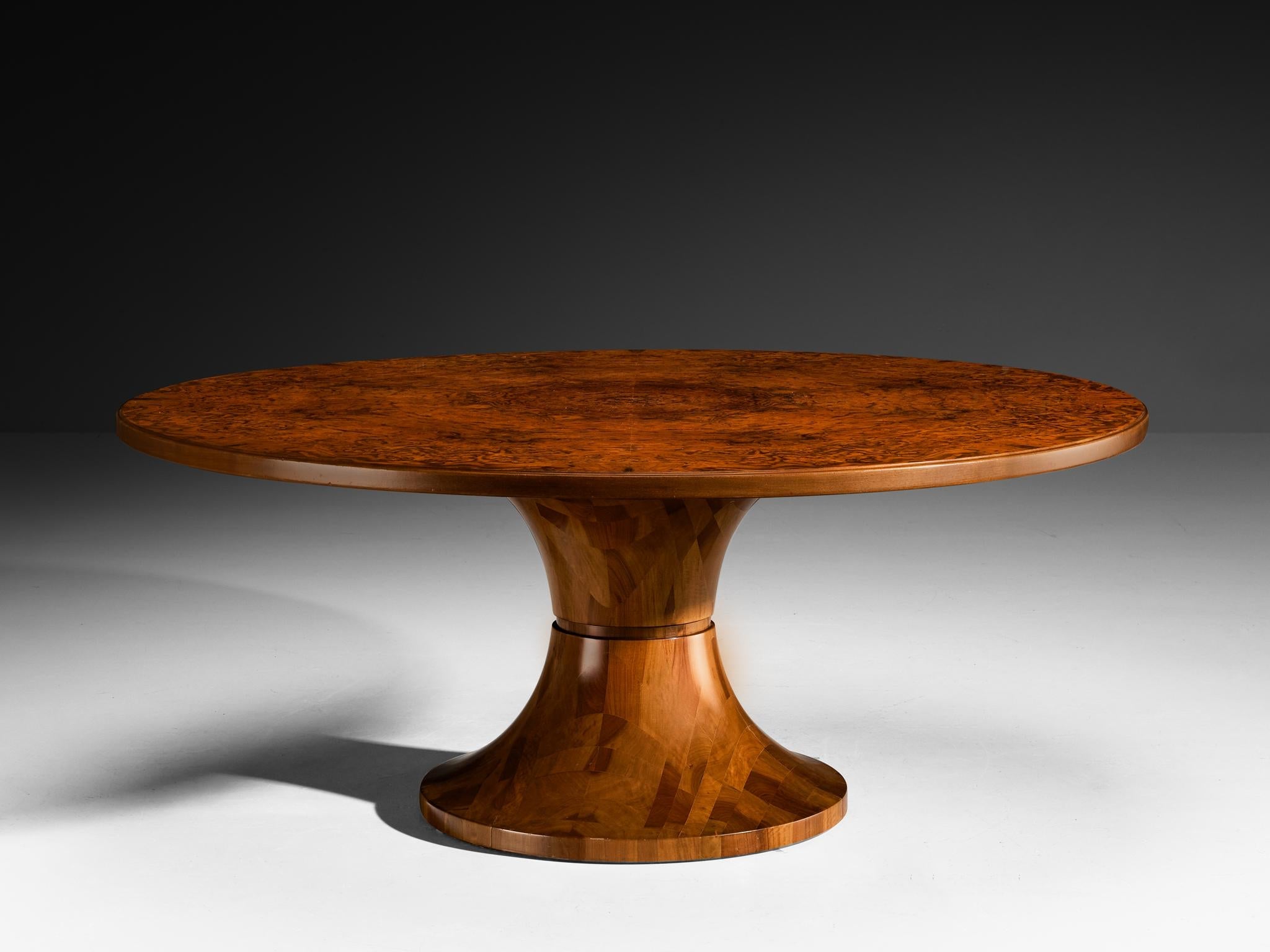 Italian Round Dining Table in Walnut Burl with Marquetry Base 180cm/70.87in