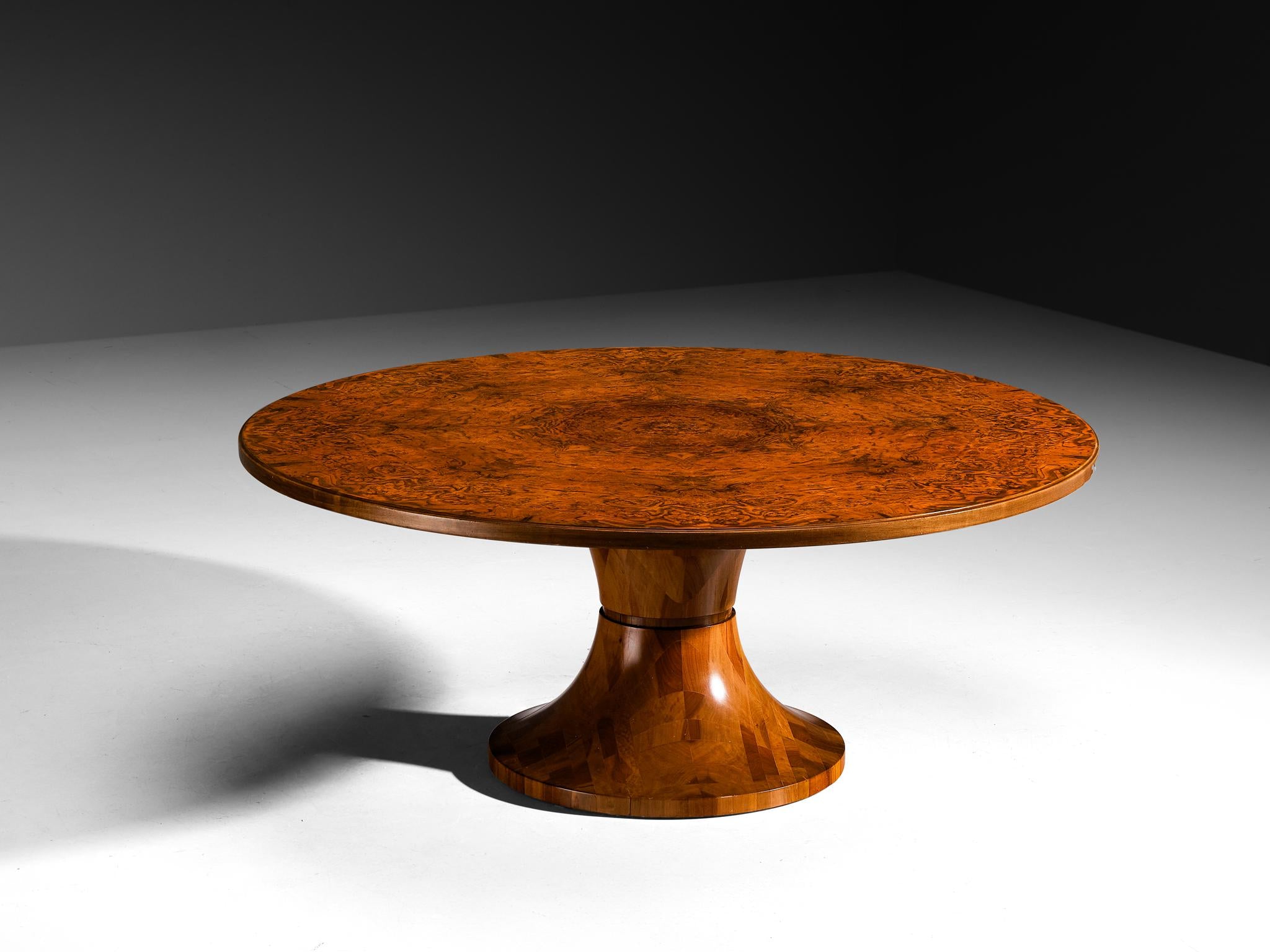 Italian Round Dining Table in Walnut Burl with Marquetry Base 180cm/70.87in