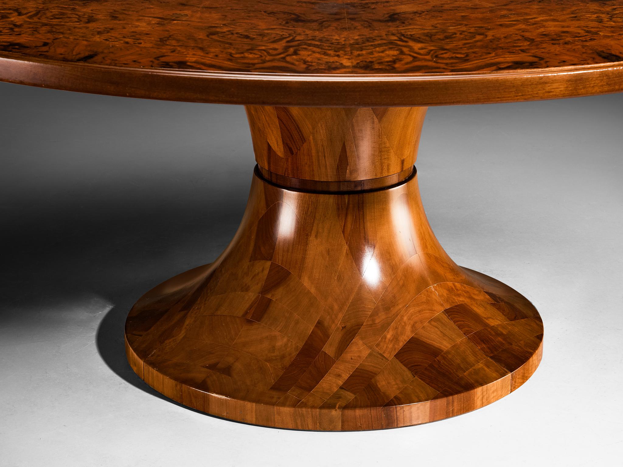 Italian Round Dining Table in Walnut Burl with Marquetry Base 180cm/70.87in