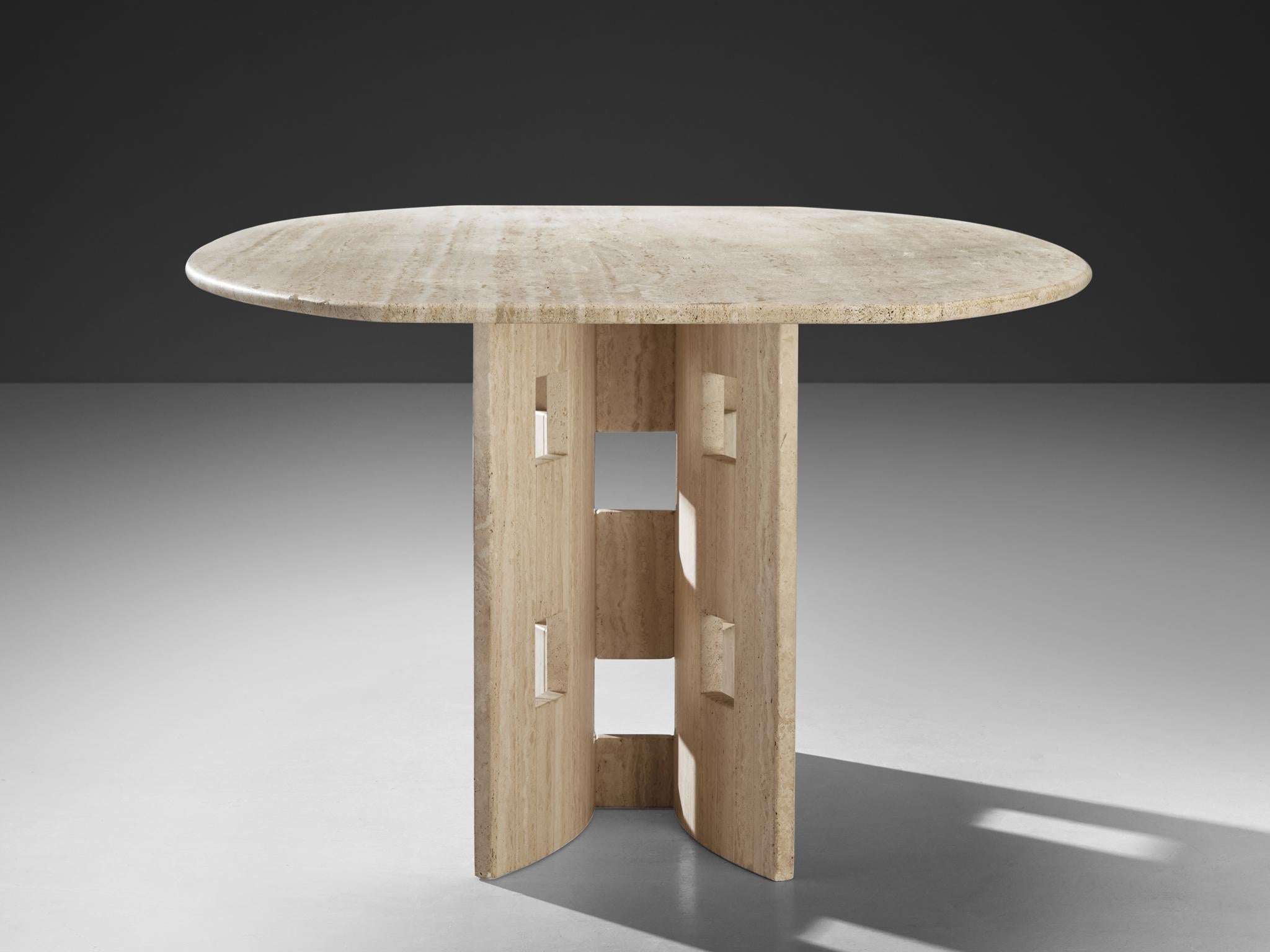 Post-Modern Dining Table in Travertine with Geometric Base