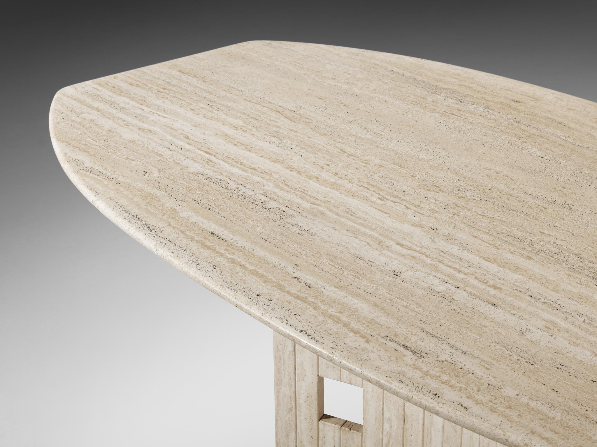 Post-Modern Dining Table in Travertine with Geometric Base