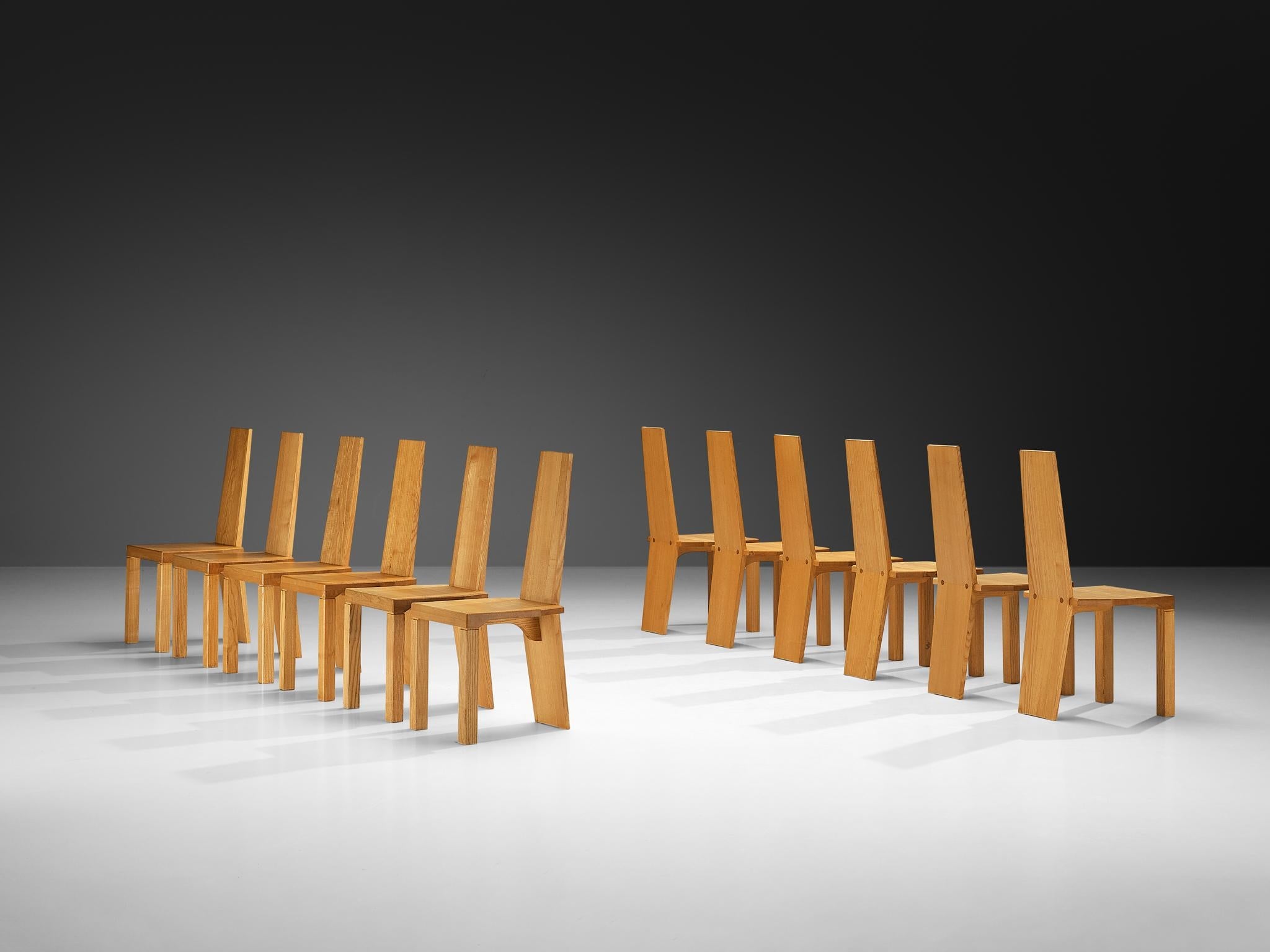 Set of Twelve Postmodern Dining Chairs in Solid Ash Wood