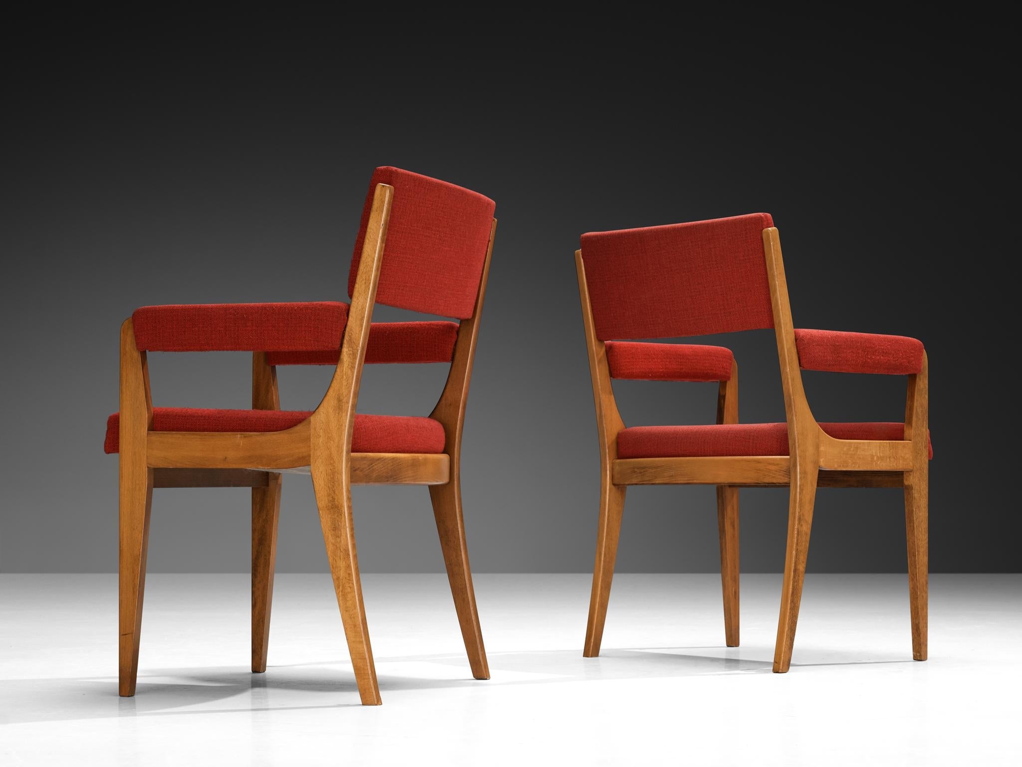 Mid-Century Modern French Set of Ten Dining Armchairs in Wood & Red Fabric