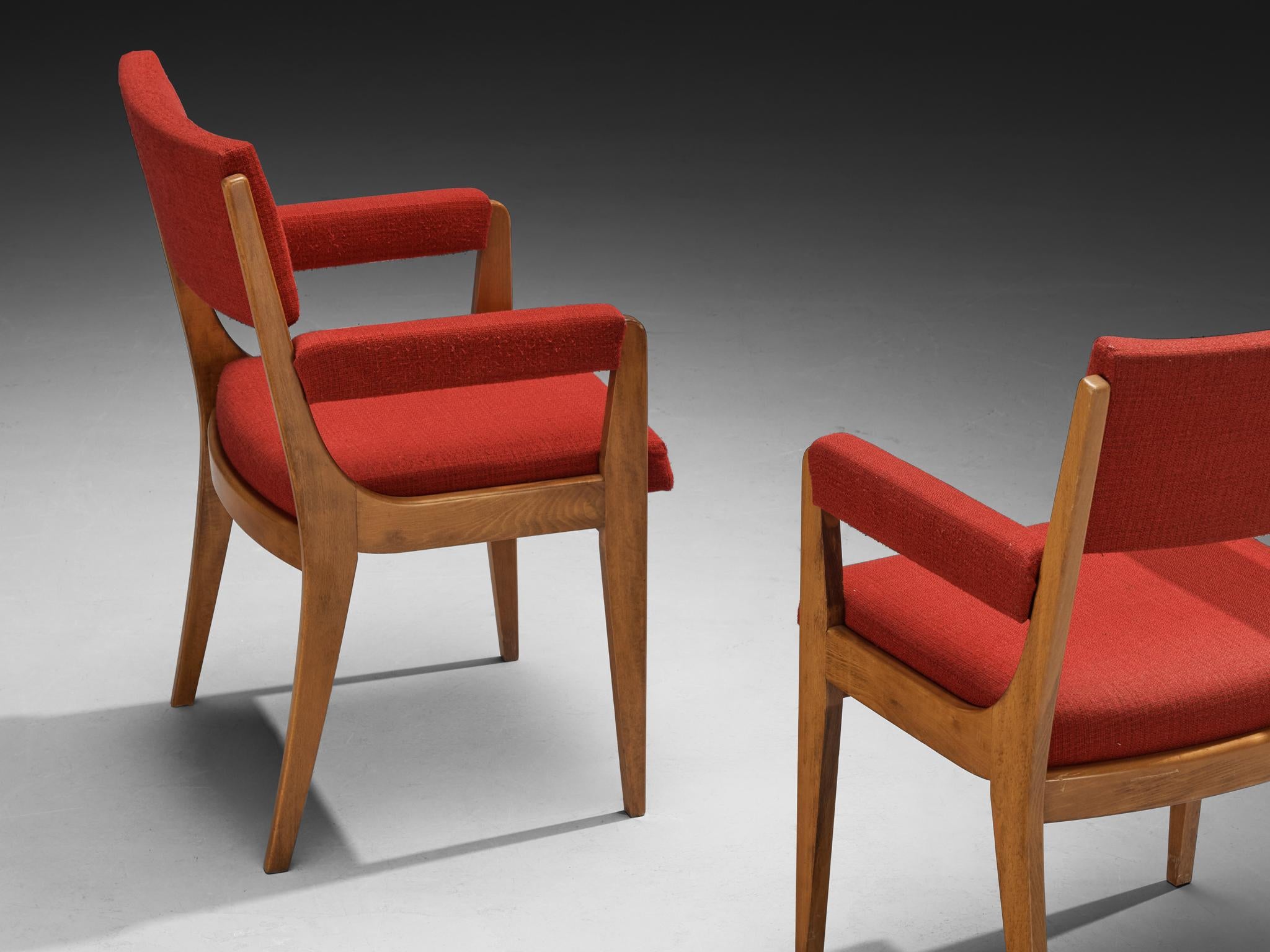 Mid-Century Modern French Set of Ten Dining Armchairs in Wood & Red Fabric