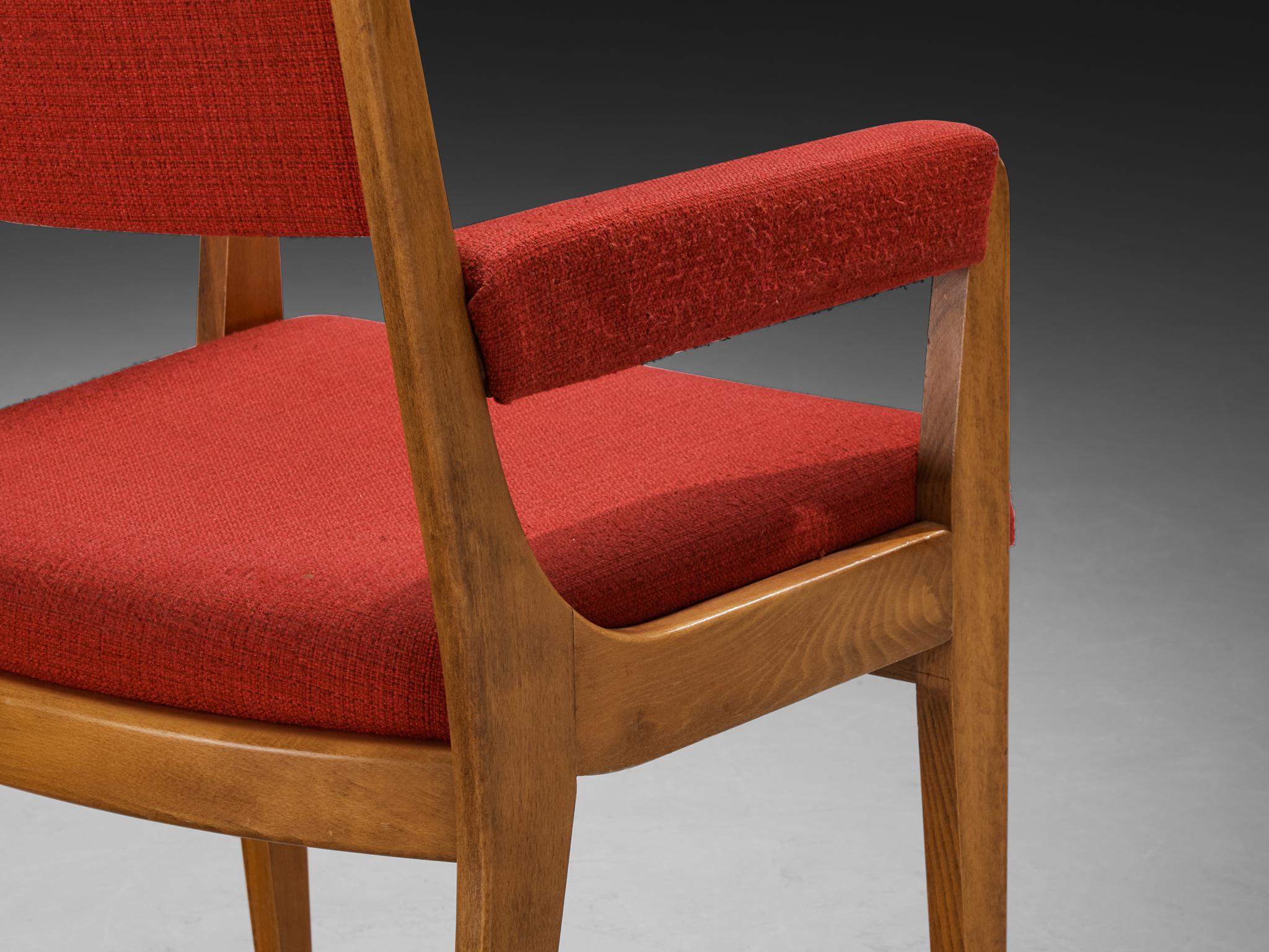 Mid-Century Modern French Set of Ten Dining Armchairs in Wood & Red Fabric